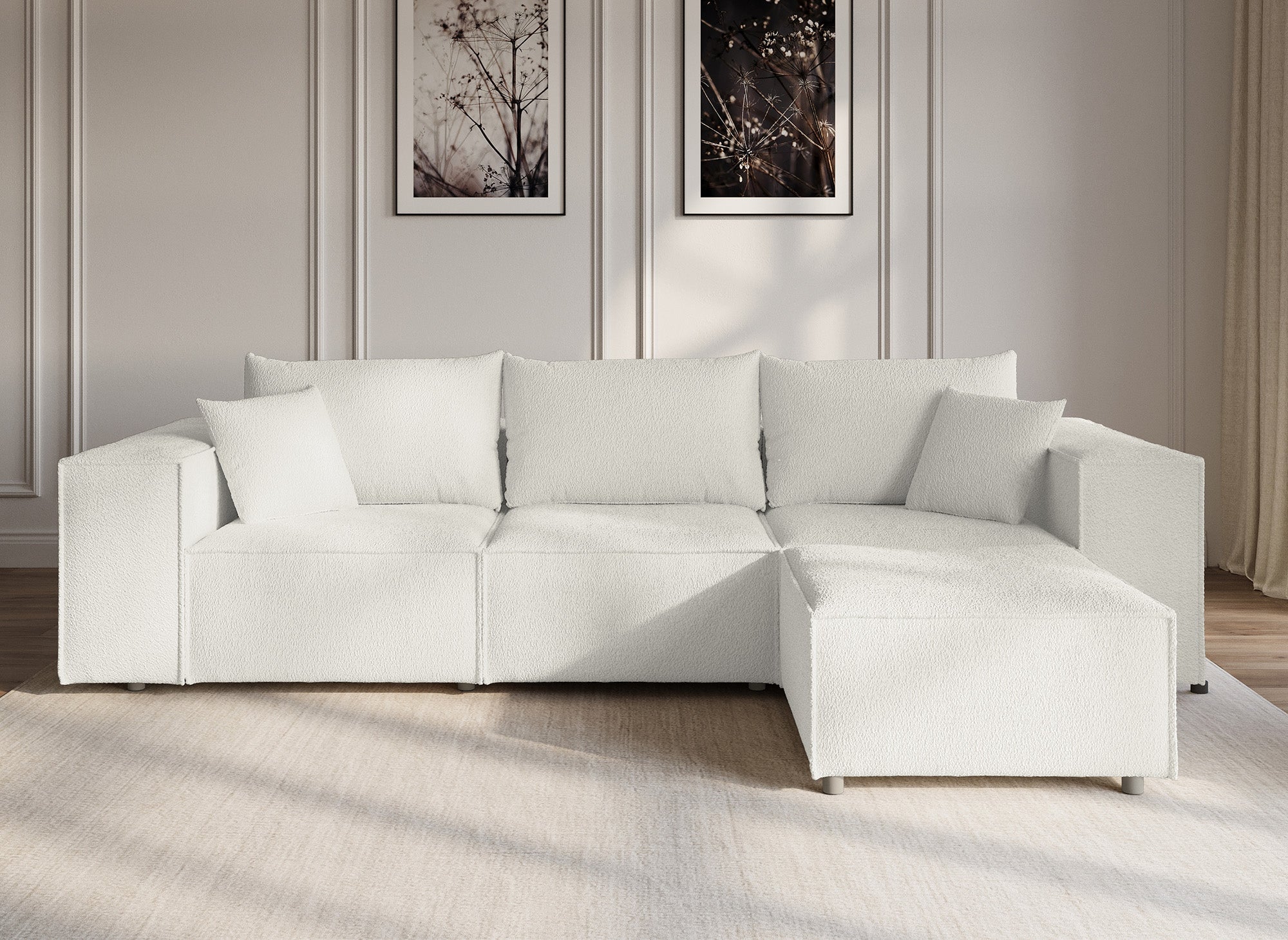 Sofá esquinero modular HARLEM en tejido efecto piel de oveja color blanco hueso