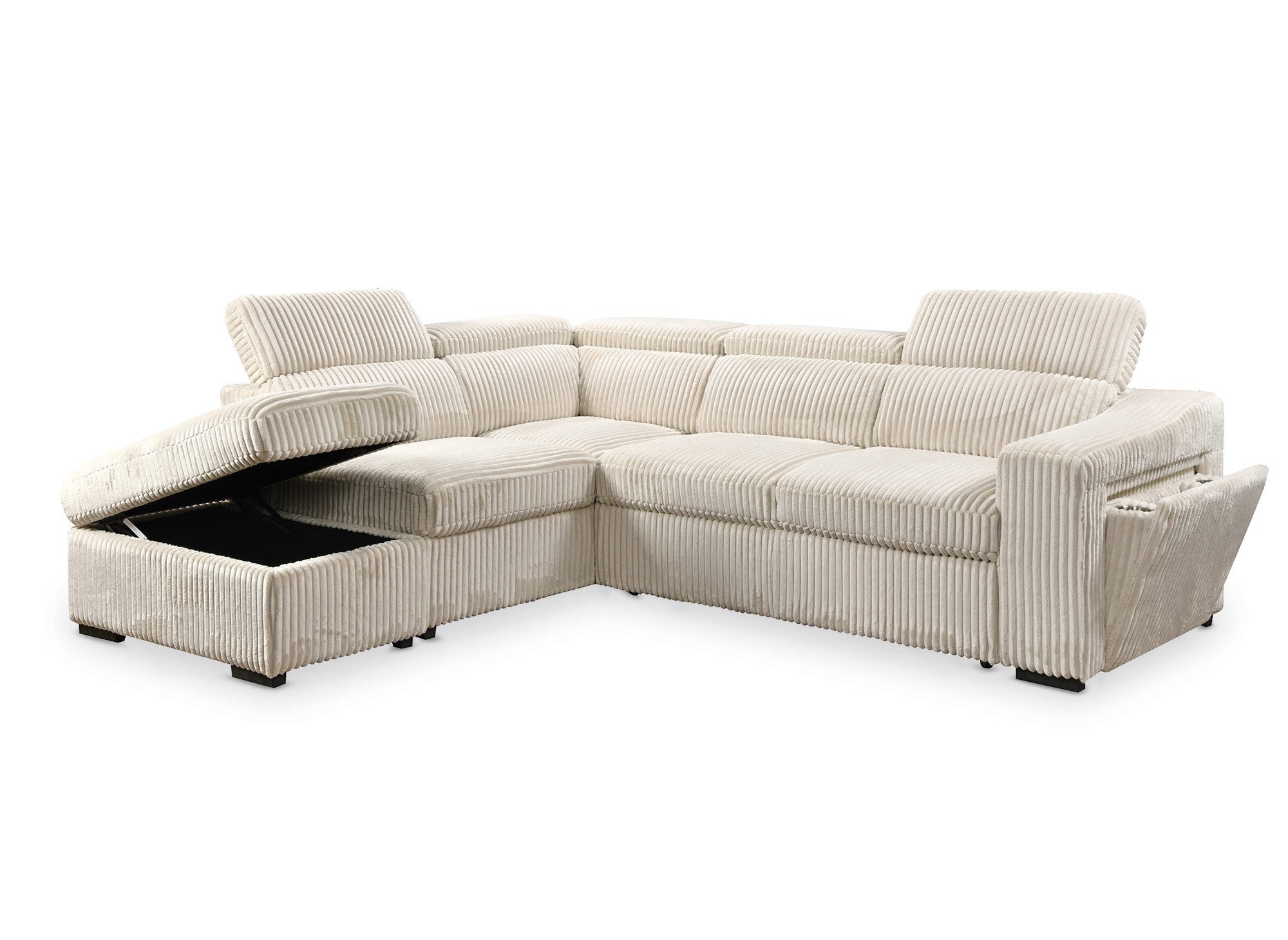 Sofá cama esquinero MARTY con almacenaje en terciopelo de pana beige - Esquina izquierda