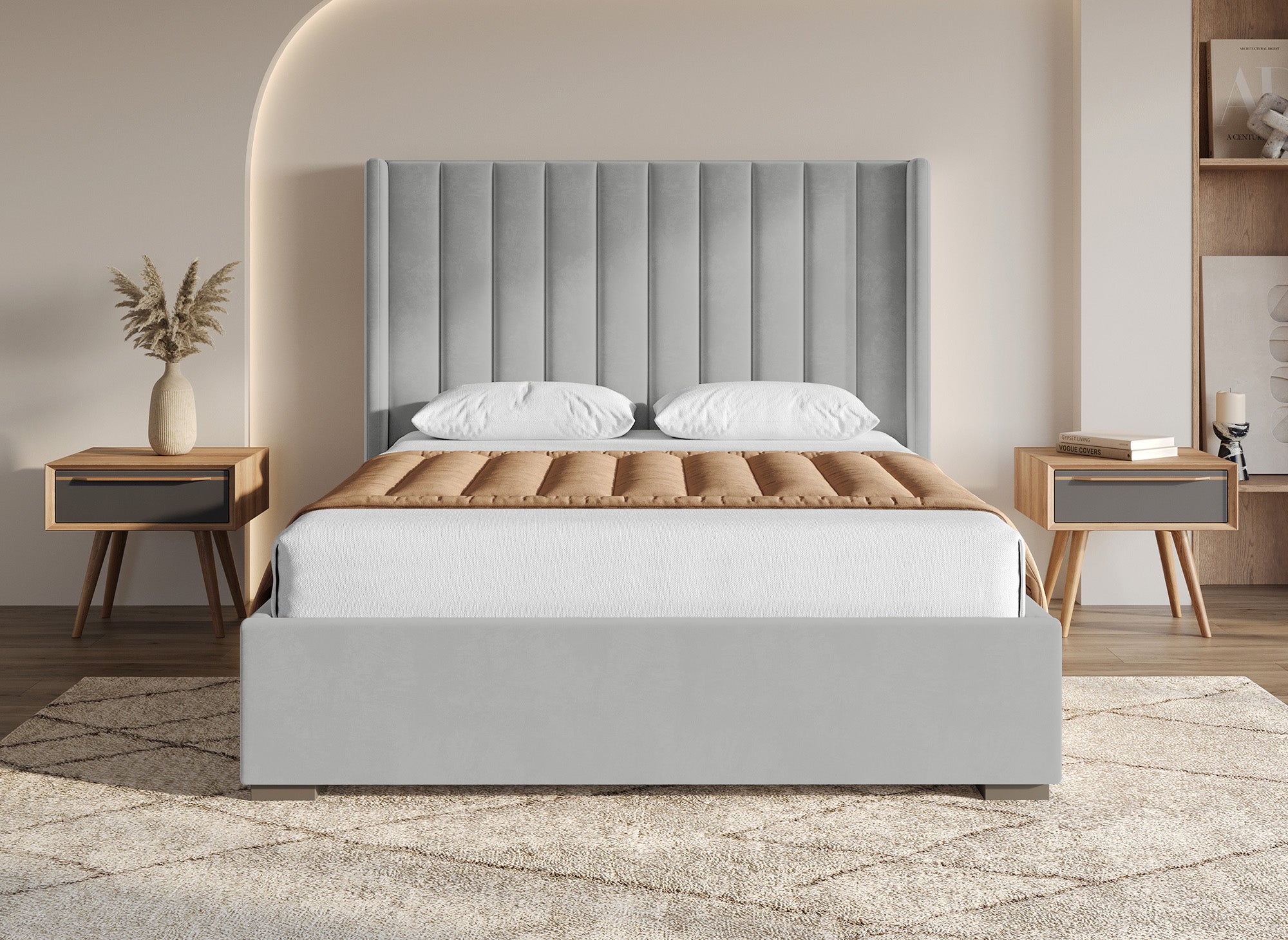 Cama con almacenaje ALENA de terciopelo gris 160x200 cm