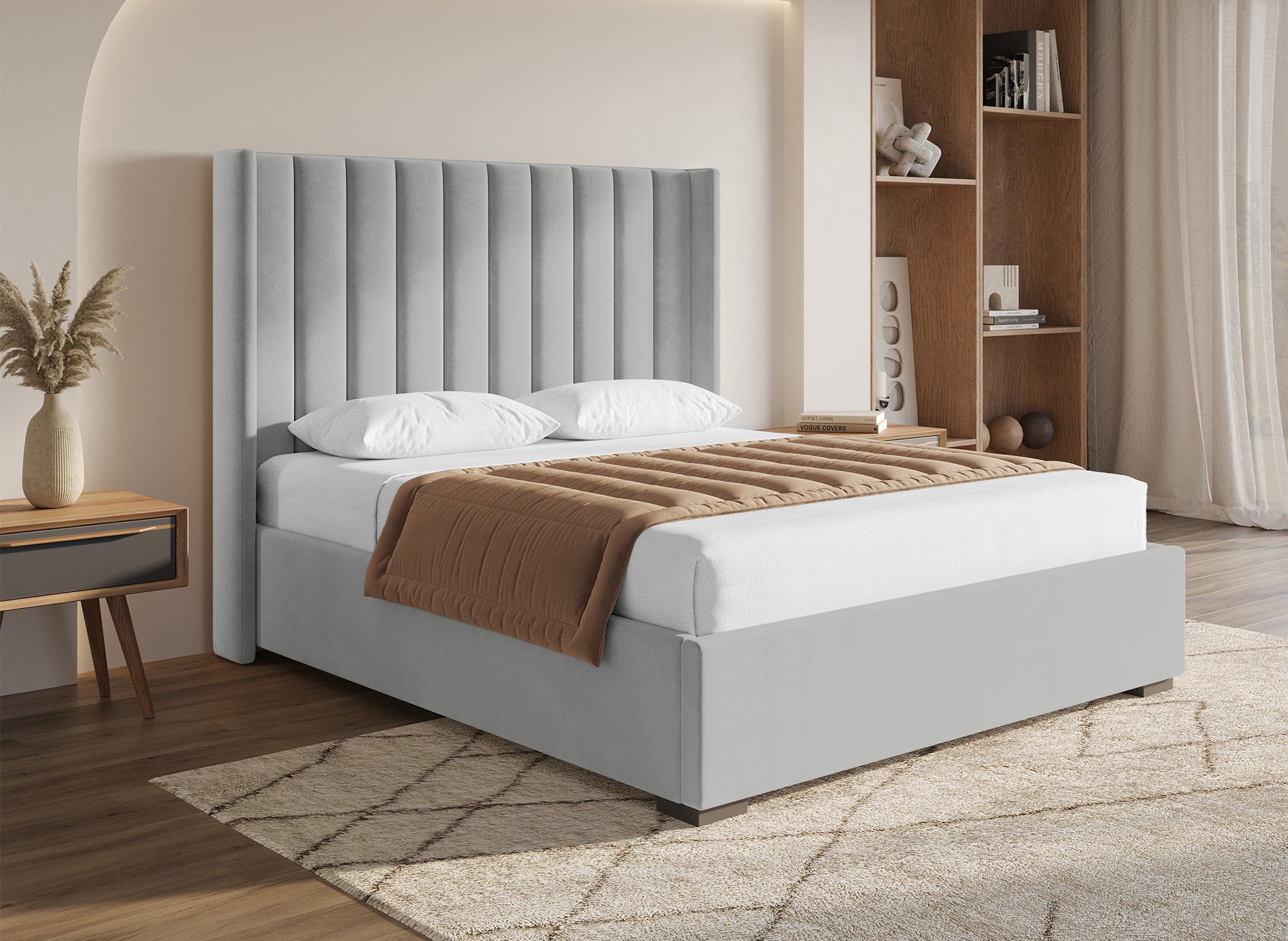 Cama con almacenaje ALENA de terciopelo gris 160x200 cm