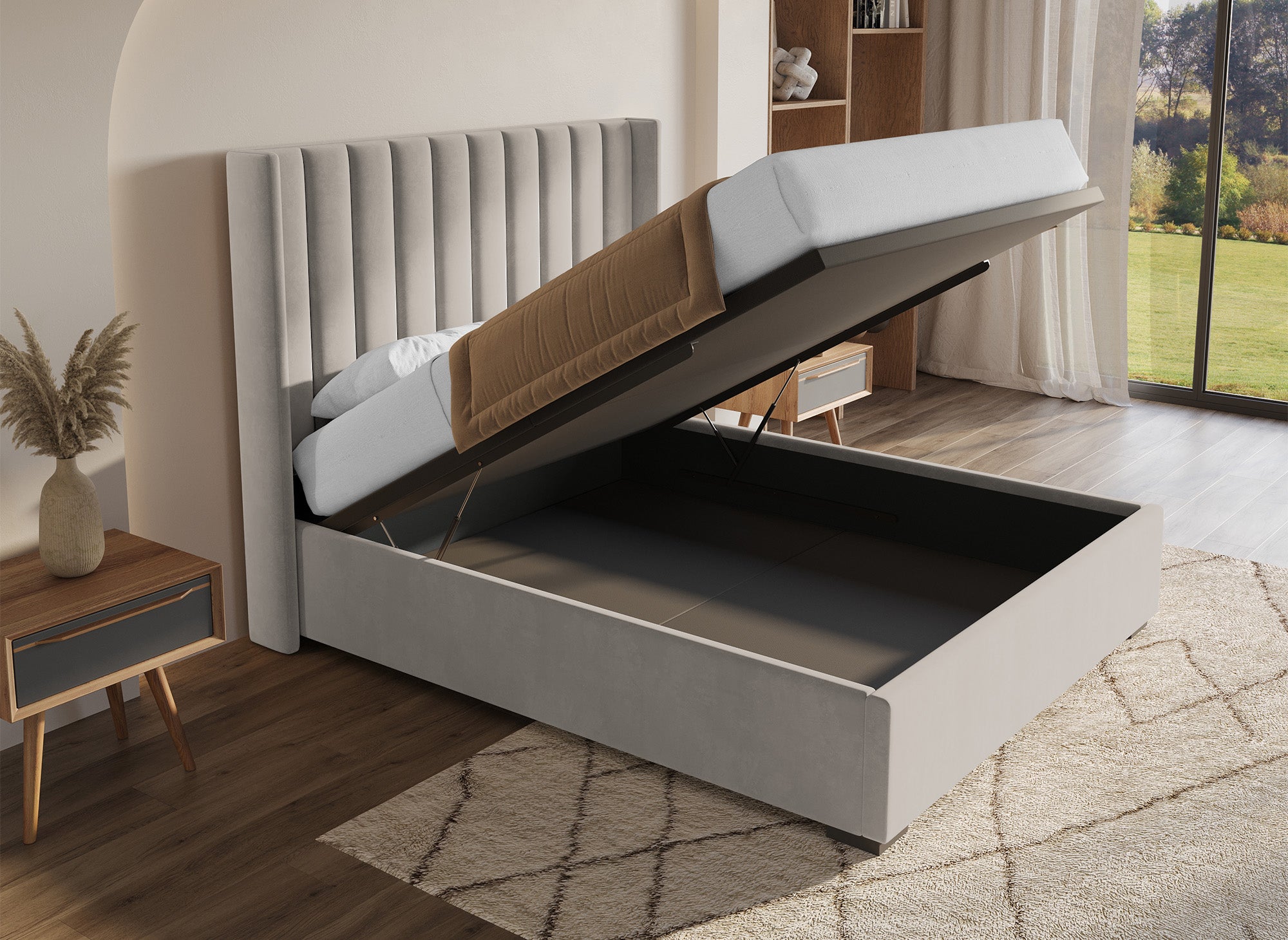 Cama con almacenaje ALENA de terciopelo color topo, 160x200 cm