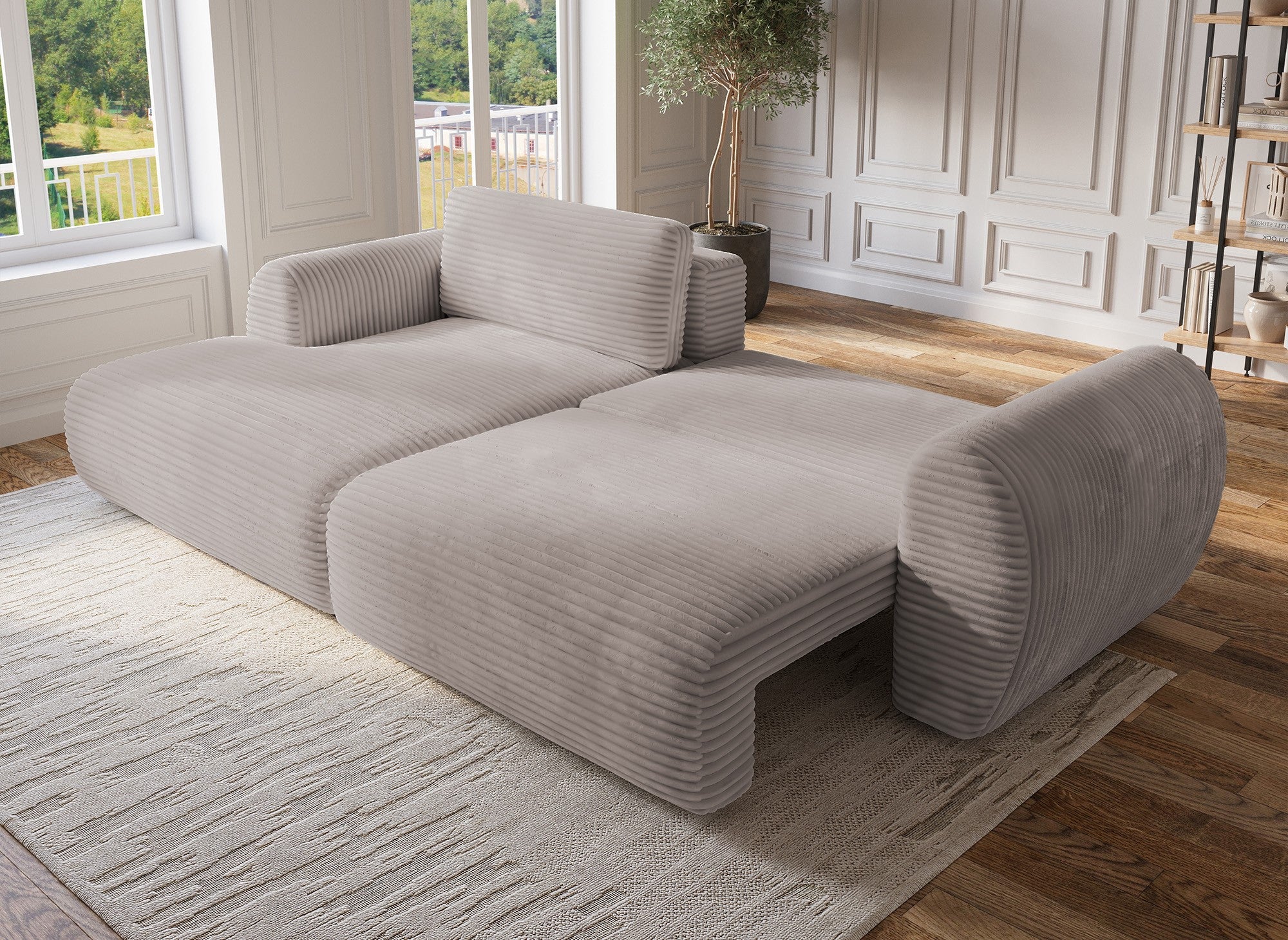 Sofá cama esquinero TILDA con almacenaje en pana color topo suave - Esquina izquierda