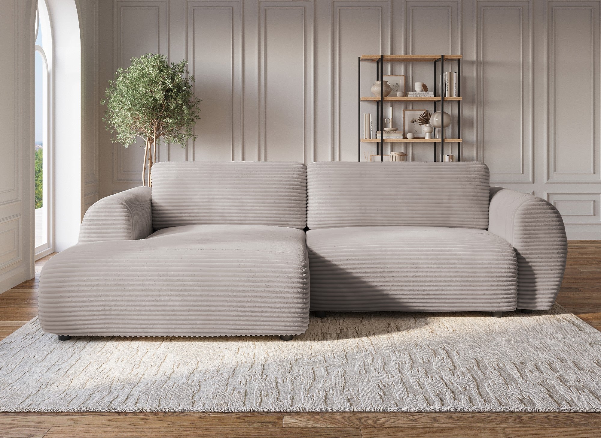 Sofá cama esquinero TILDA con almacenaje en pana color topo suave - Esquina izquierda