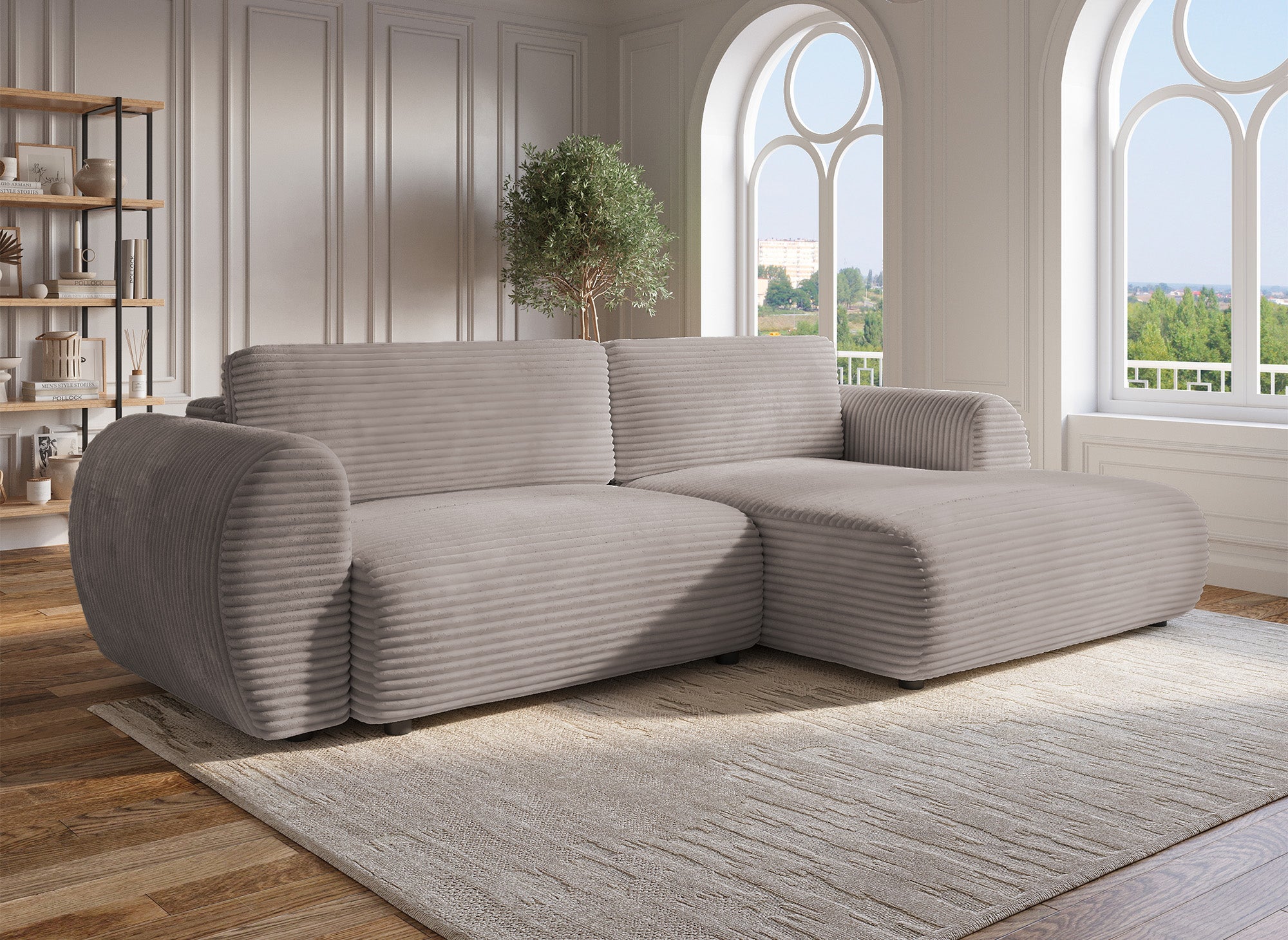 Sofá cama esquinero TILDA con almacenaje en pana color topo suave - Esquina derecha