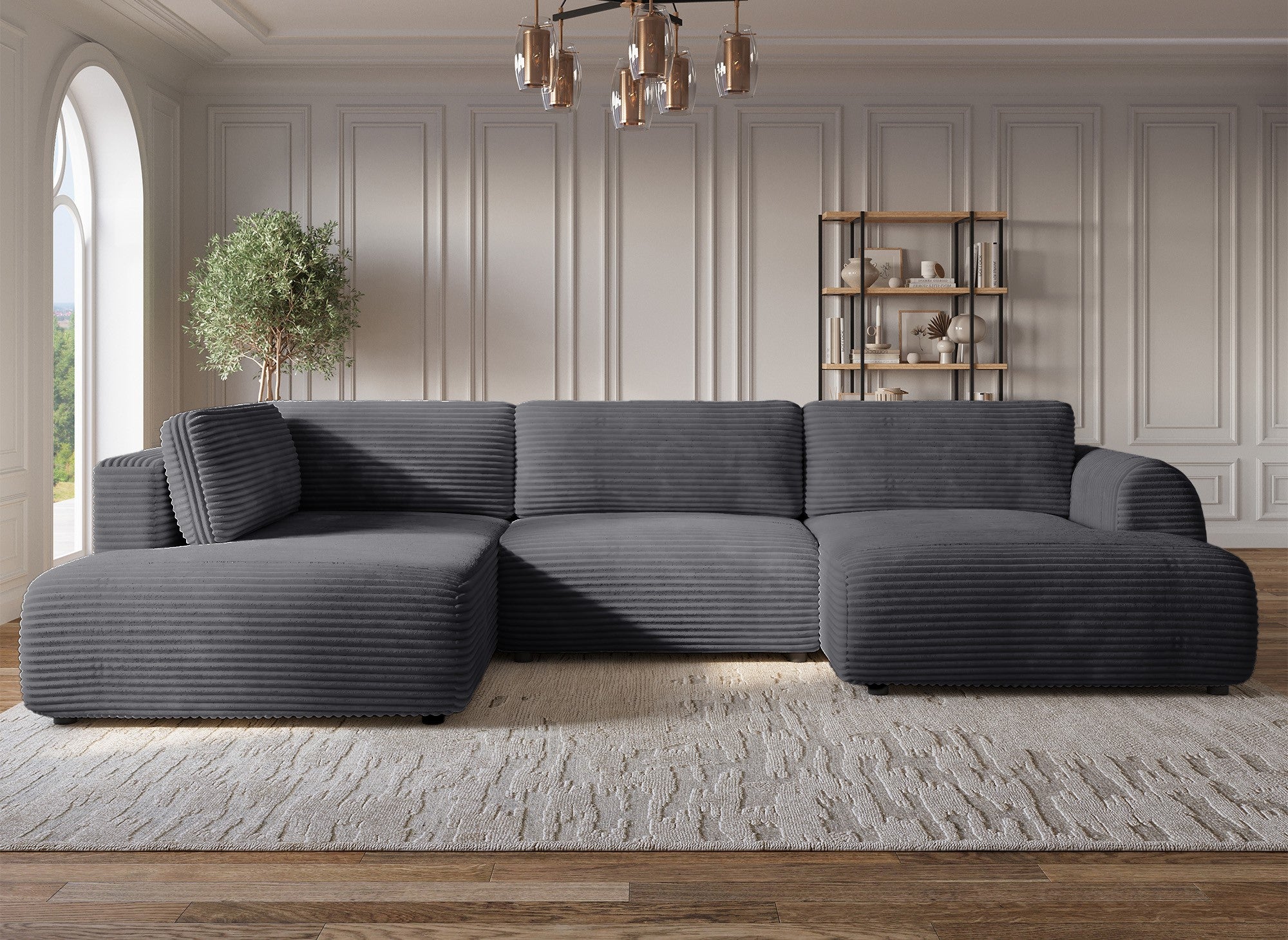 Sofá cama panorámico convertible TILDA con almacenaje en terciopelo gris pana - Esquina izquierda