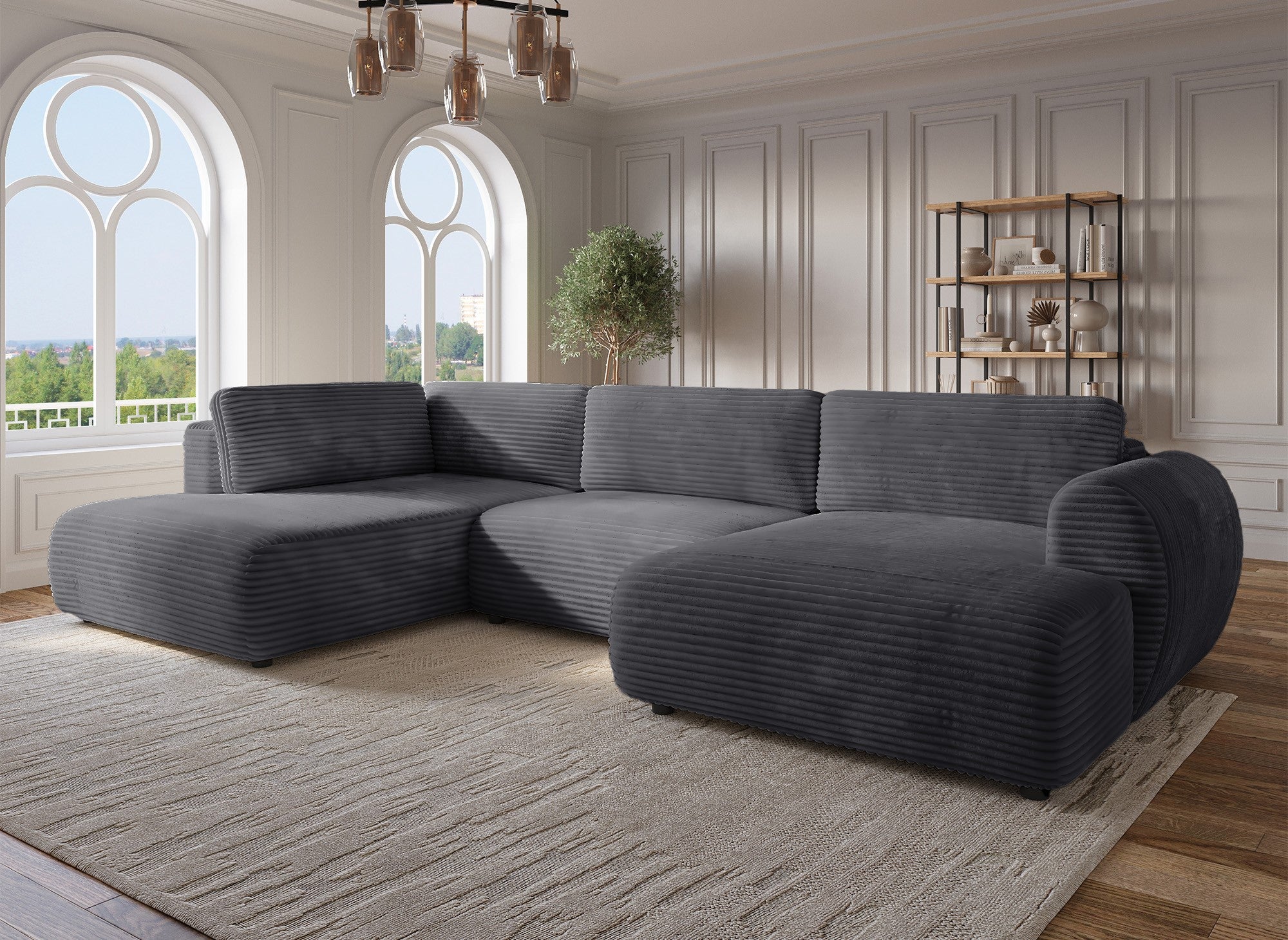 Sofá cama panorámico convertible TILDA con almacenaje en terciopelo gris pana - Esquina izquierda