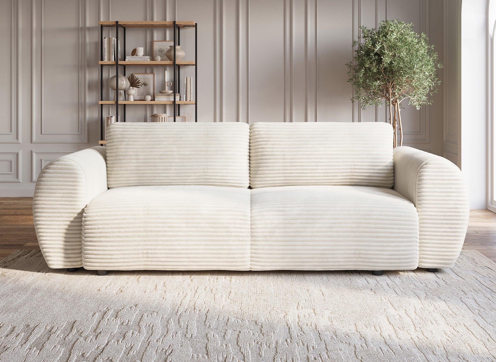 Sofá recto de 3 plazas TILDA con almacenaje en suave tejido de canalé beige