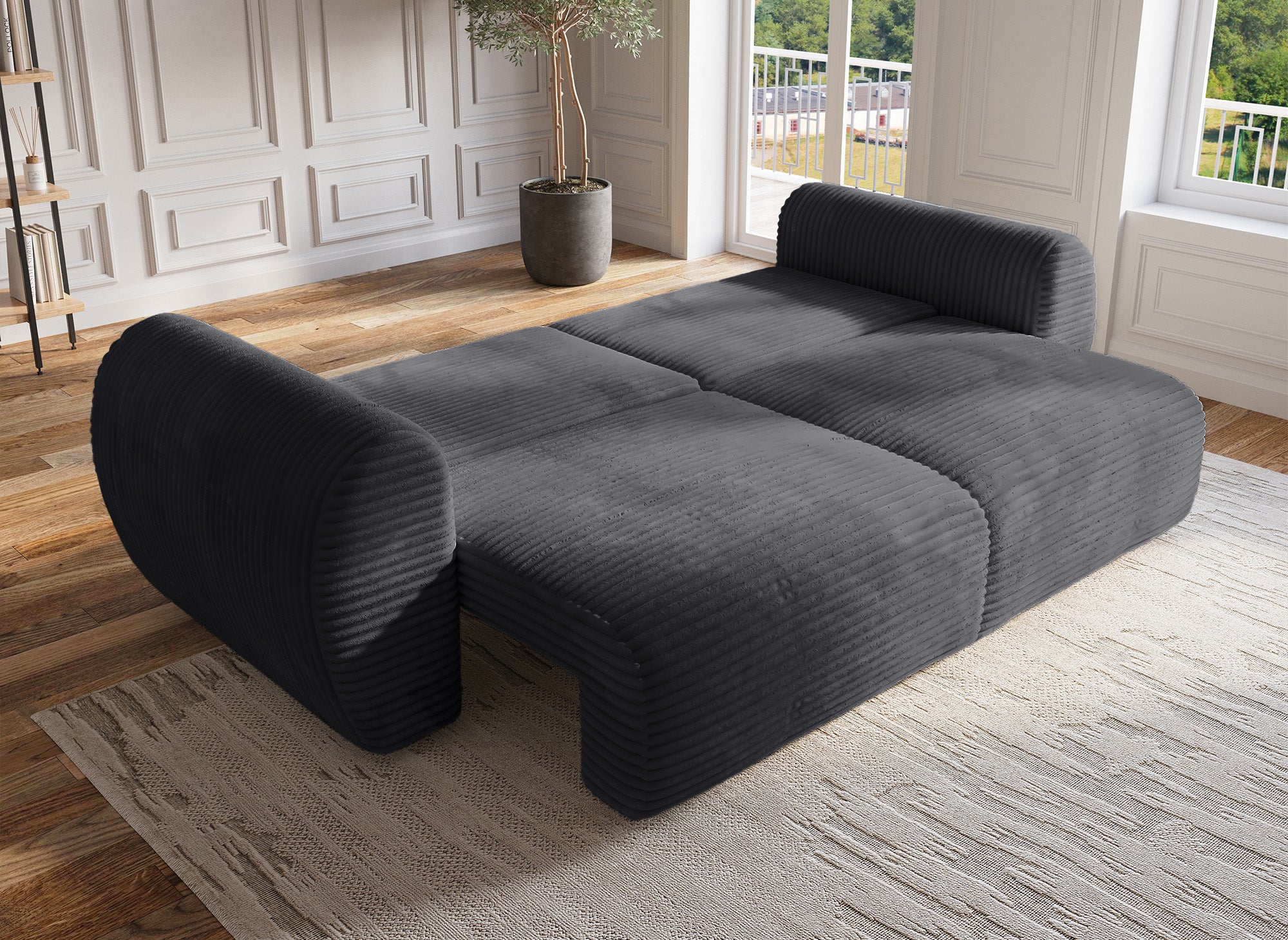 Sofá recto de 3 plazas TILDA con almacenaje en tejido acanalado gris suave.