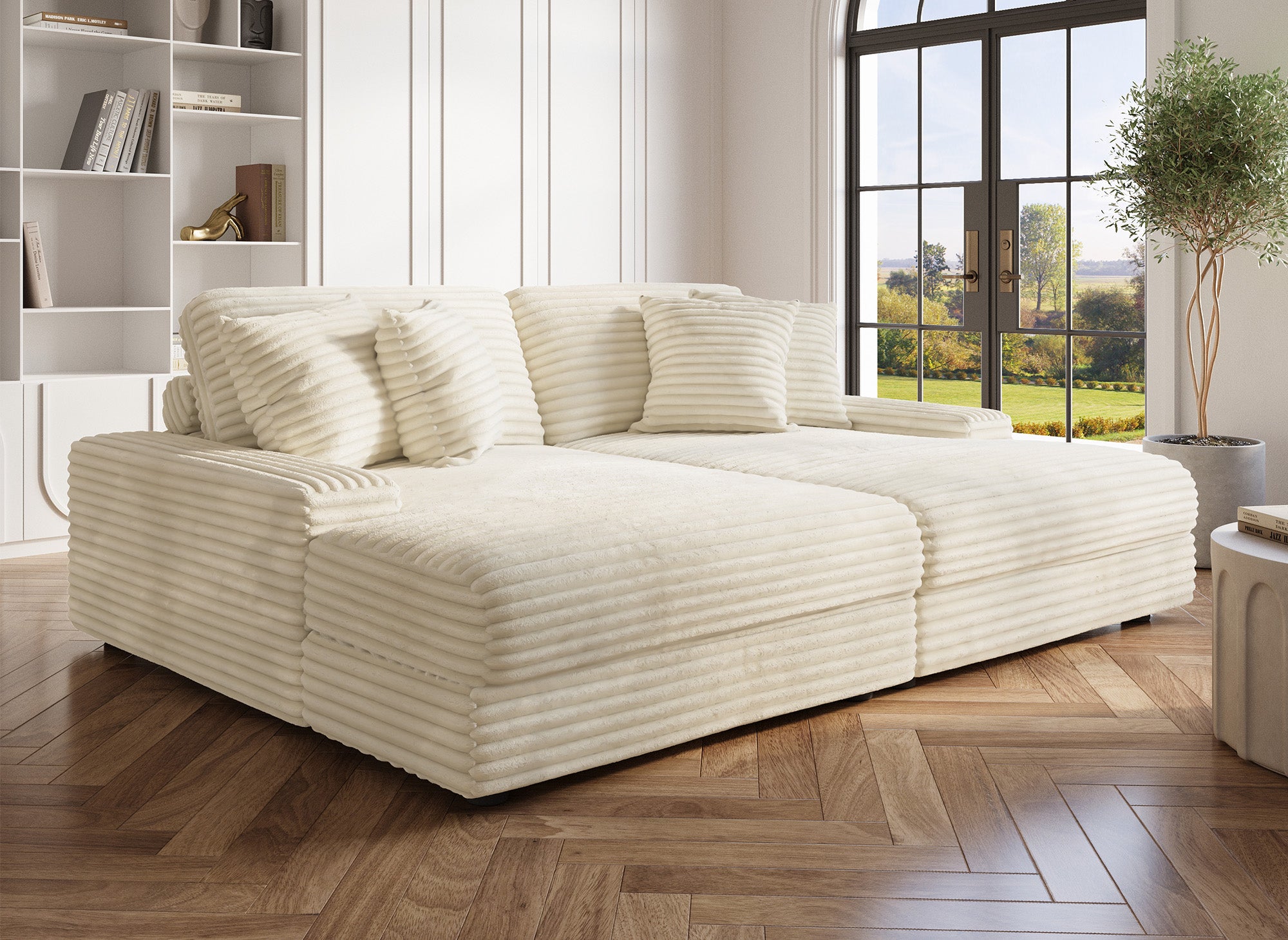 Sofá recto de 2 plazas DAHO en suave tejido acanalado color beige