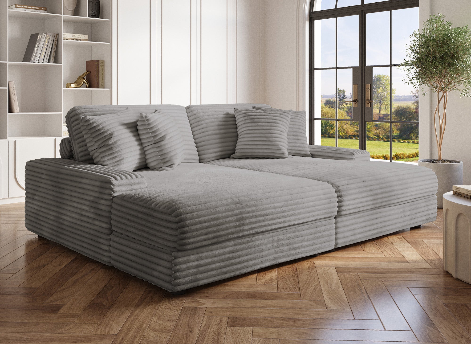 Sofá recto de 2 plazas DAHO en tejido acanalado gris suave