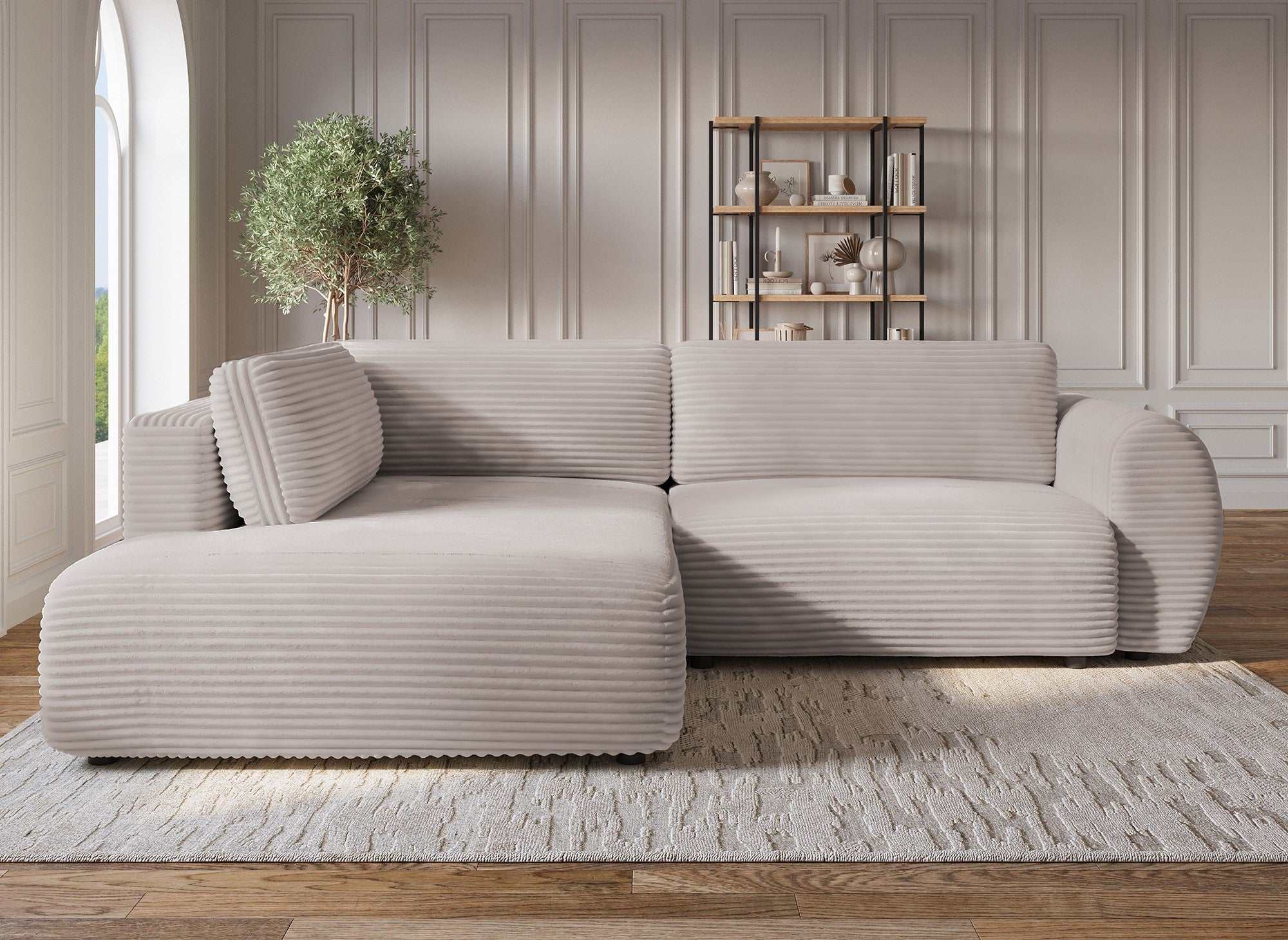 Sofá cama esquinero TILDA con chaise longue y almacenaje en suave color topo acanalado - Esquina izquierda