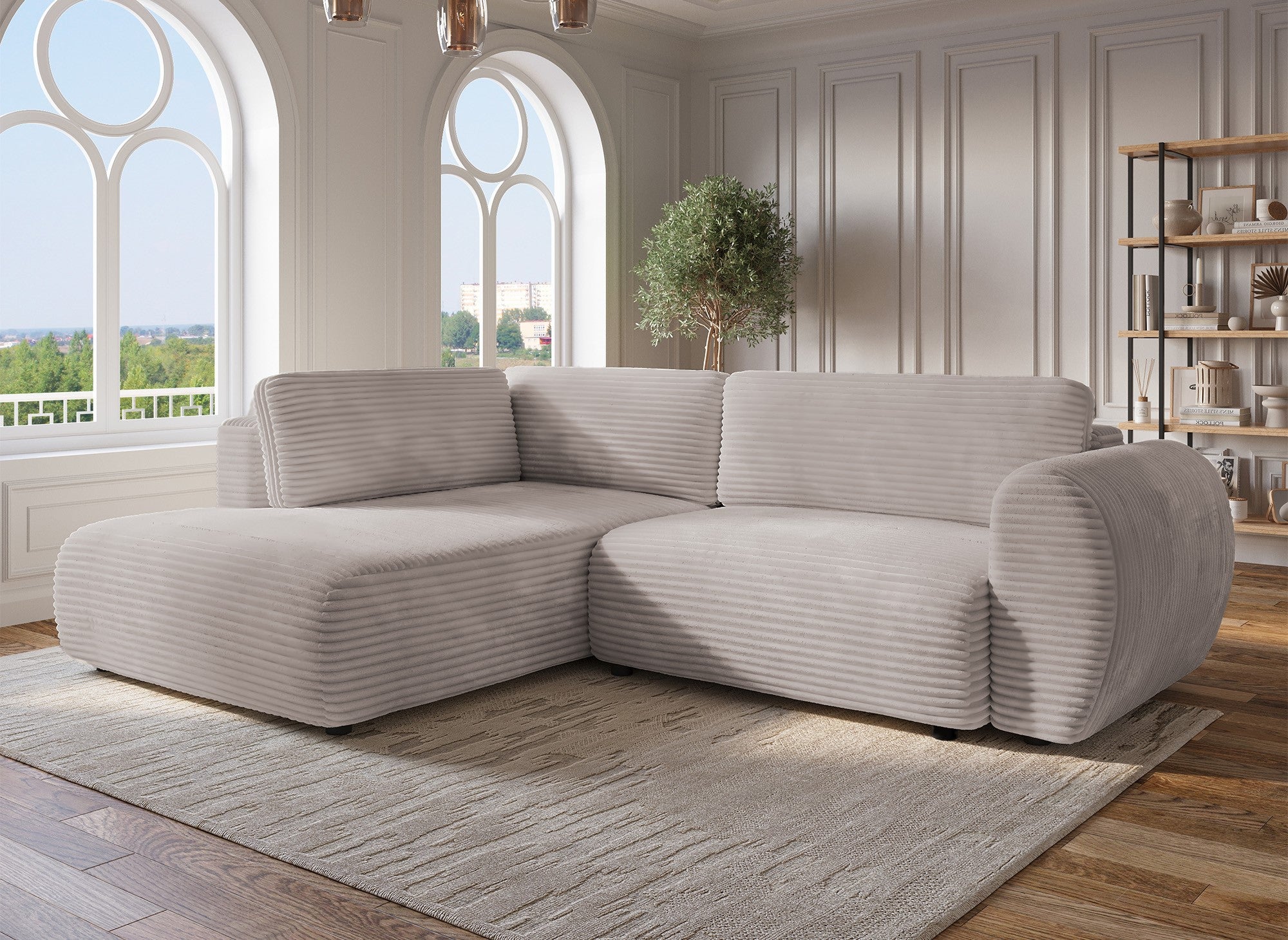 Sofá cama esquinero TILDA con chaise longue y almacenaje en suave color topo acanalado - Esquina izquierda