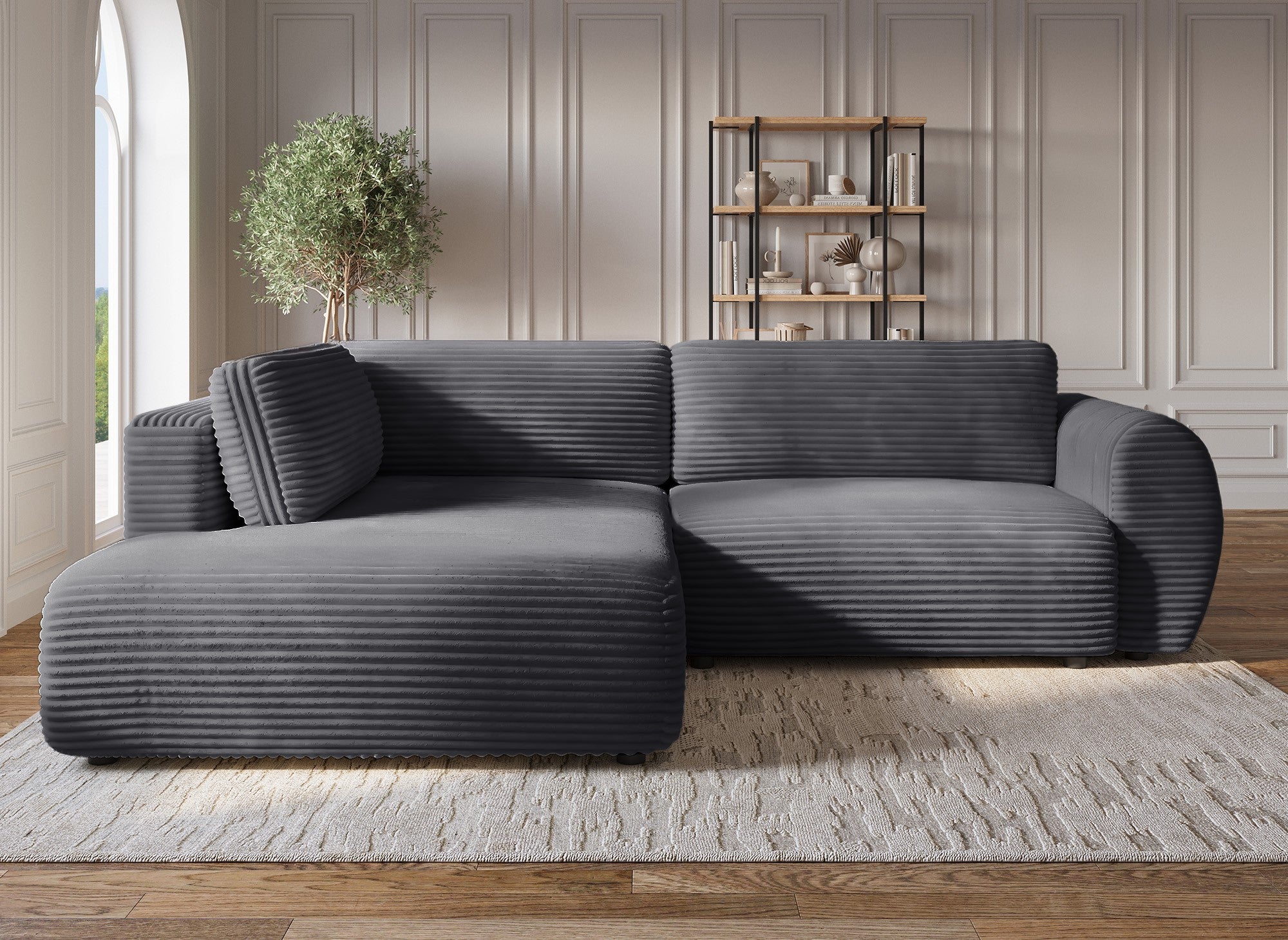 Sofá cama esquinero TILDA con chaise longue y almacenaje en tejido acanalado gris suave - Esquina izquierda