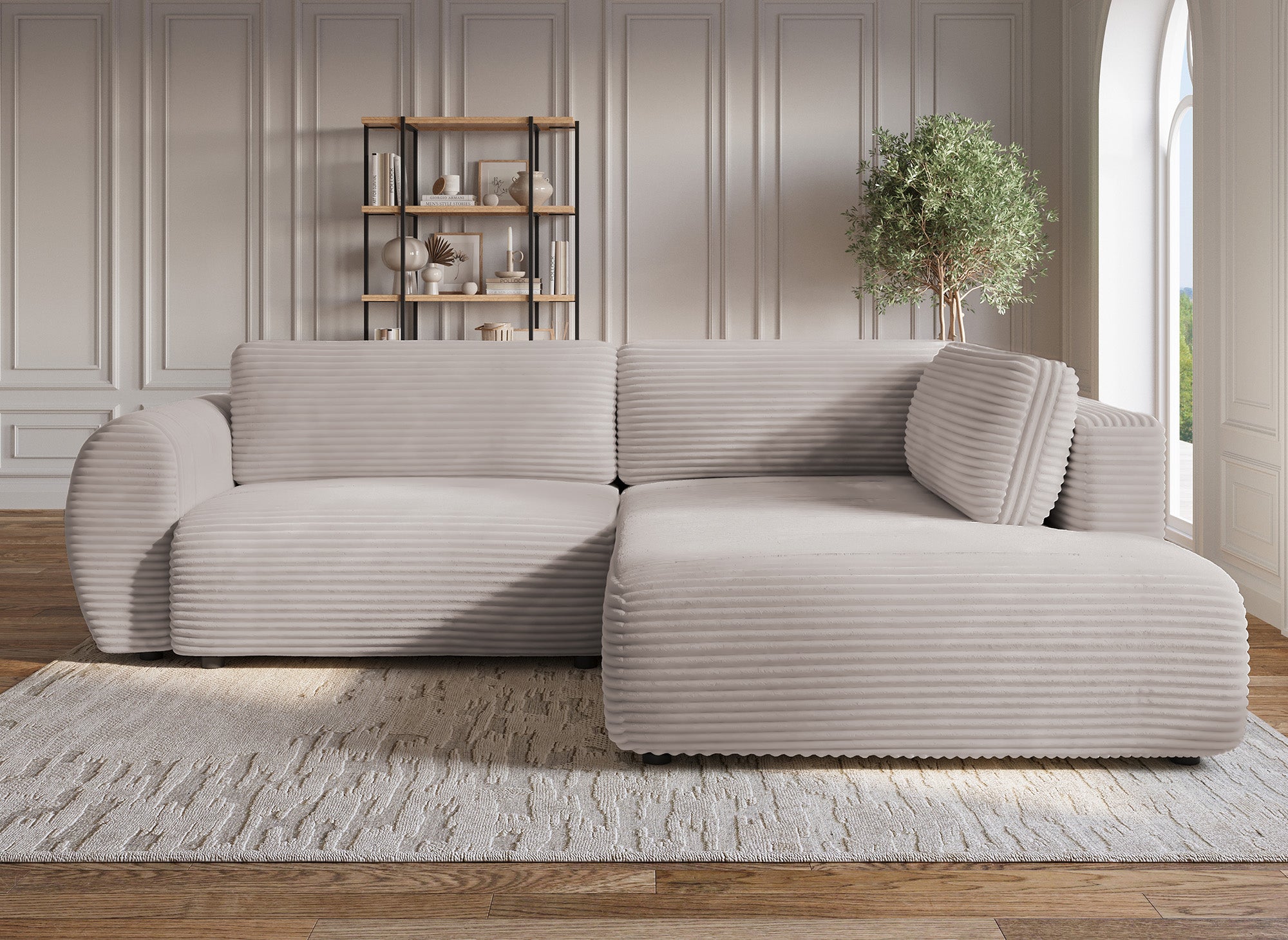 Sofá cama esquinero TILDA con chaise longue y almacenaje en suave color topo acanalado - Esquina derecha