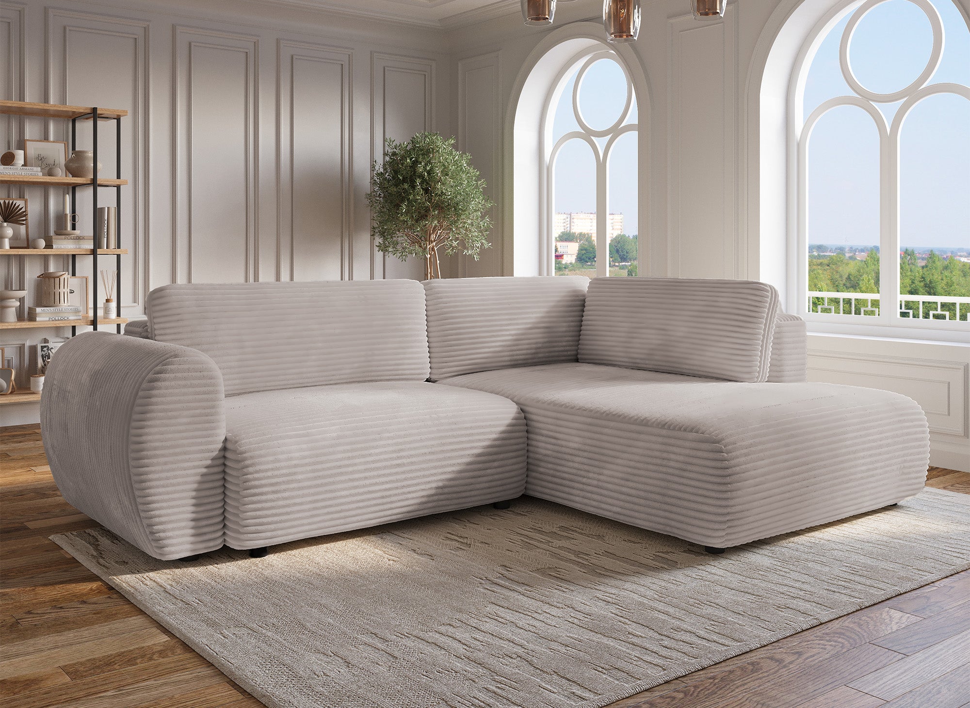 Sofá cama esquinero TILDA con chaise longue y almacenaje en suave color topo acanalado - Esquina derecha