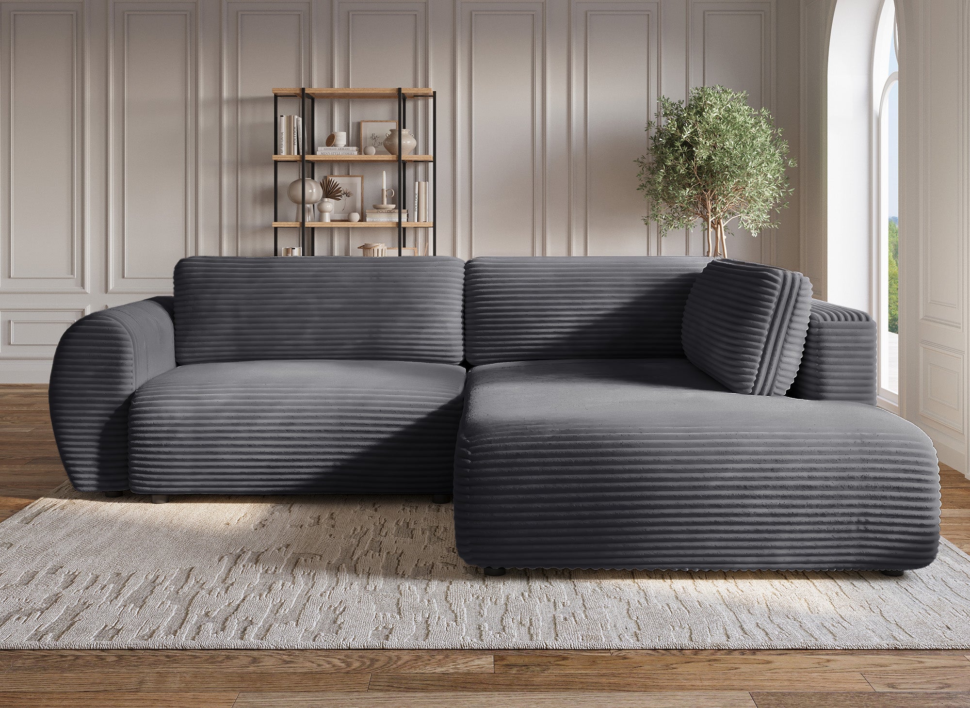 Sofá cama esquinero TILDA con chaise longue y almacenaje en pana gris gruesa - Esquina derecha