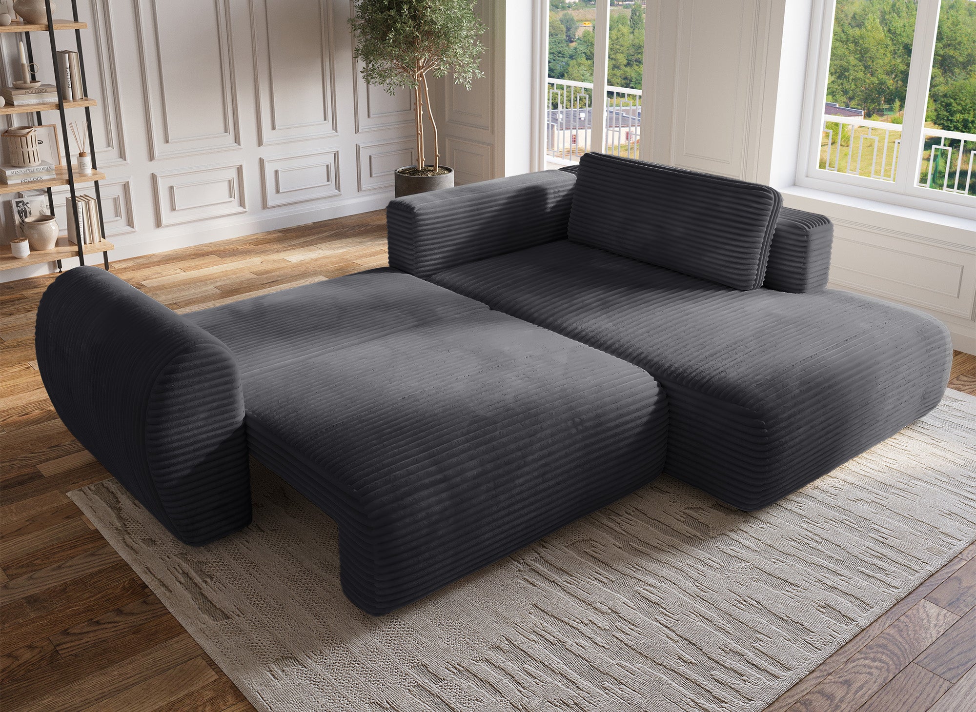 Sofá cama esquinero TILDA con chaise longue y almacenaje en pana gris gruesa - Esquina derecha