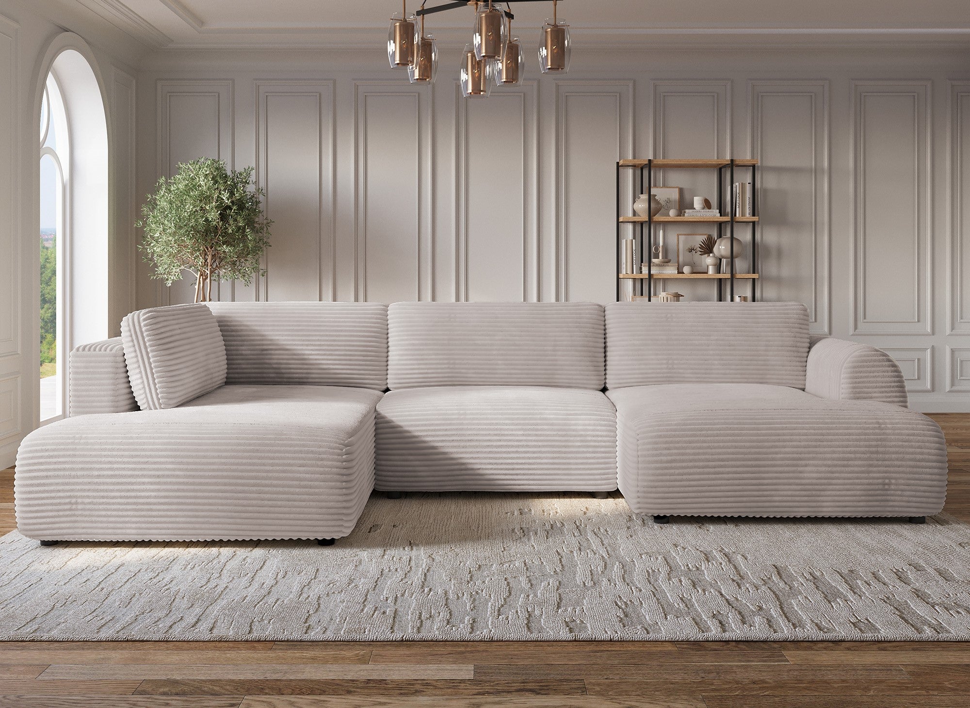 Sofá cama panorámico convertible TILDA con almacenaje en terciopelo de pana color topo - Esquina izquierda