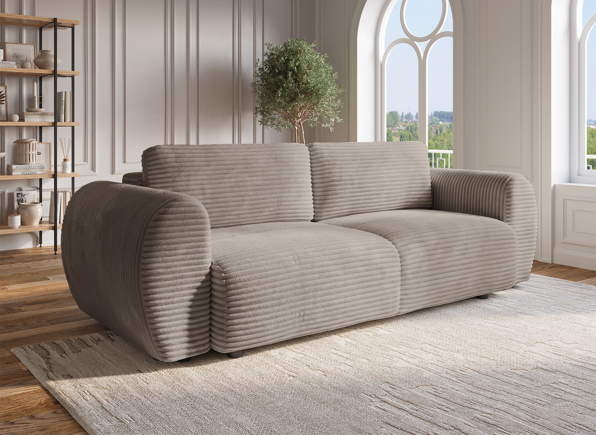 Sofá recto de 3 plazas TILDA con almacenaje en suave tejido acanalado color topo