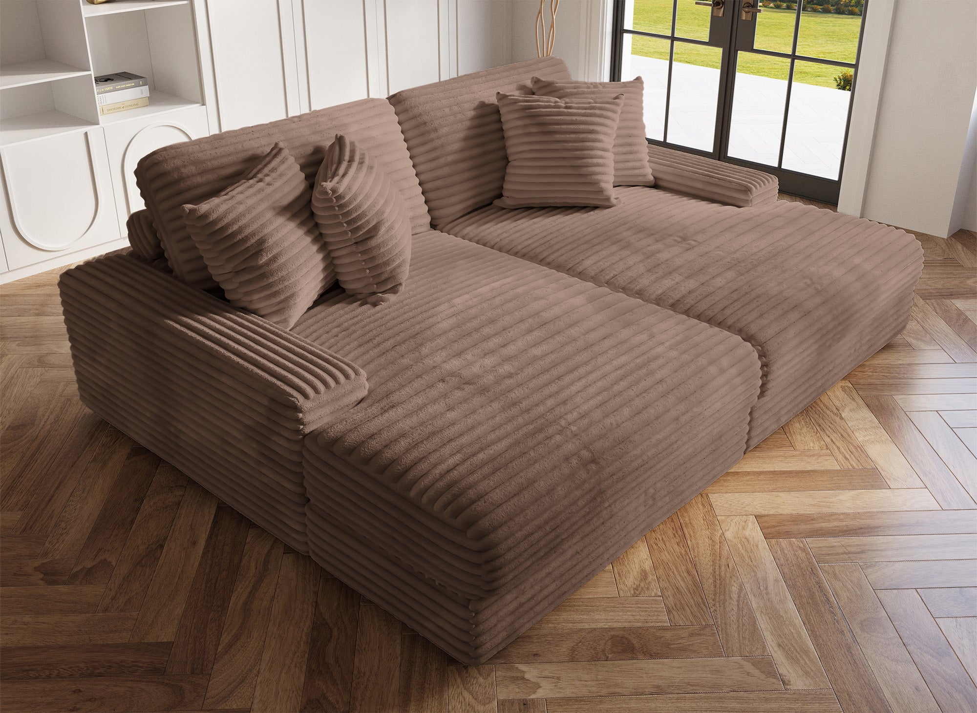 Sofá recto de 2 plazas DAHO en suave tejido acanalado color topo