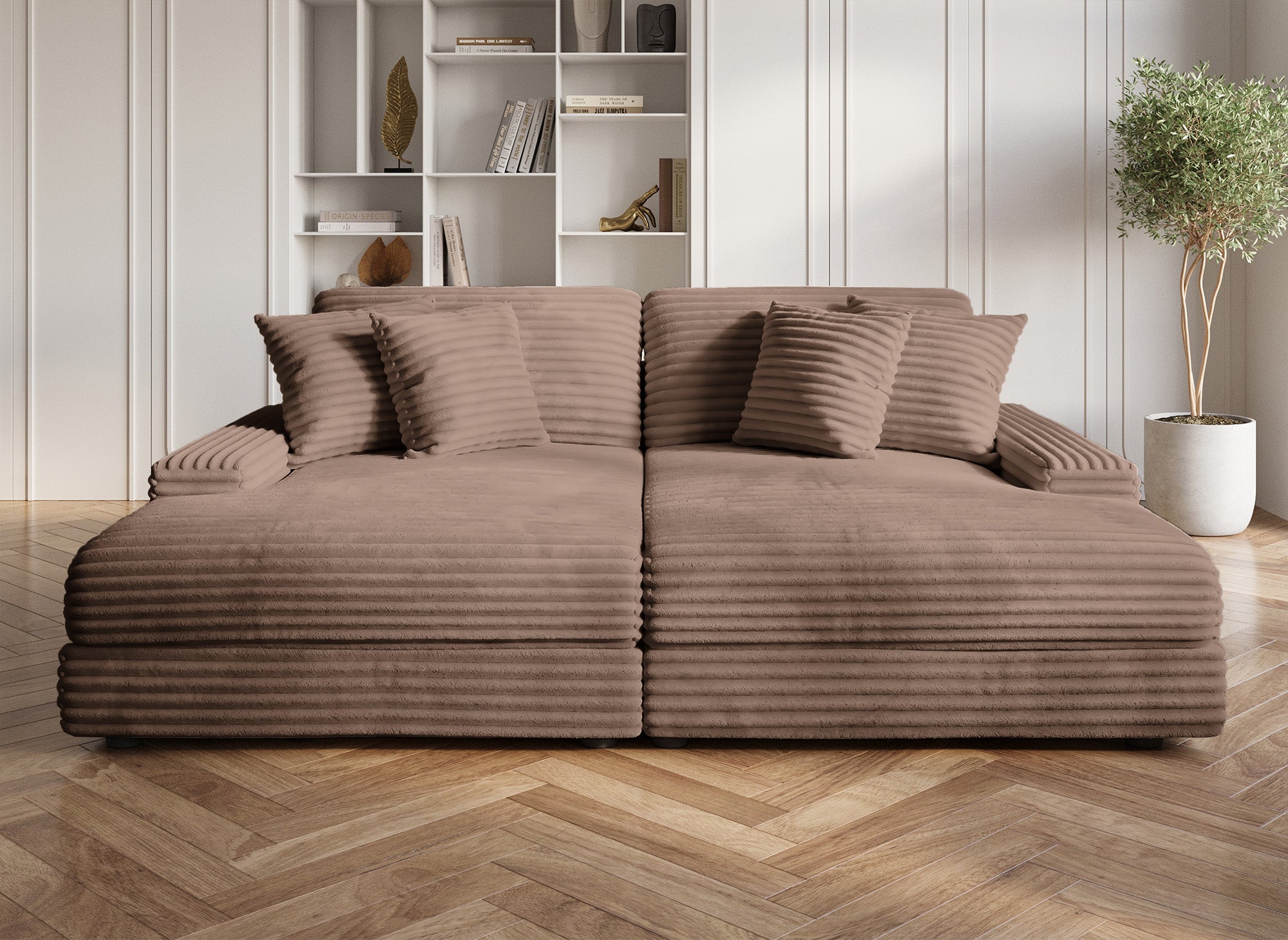 Sofá recto de 2 plazas DAHO en suave tejido acanalado color topo