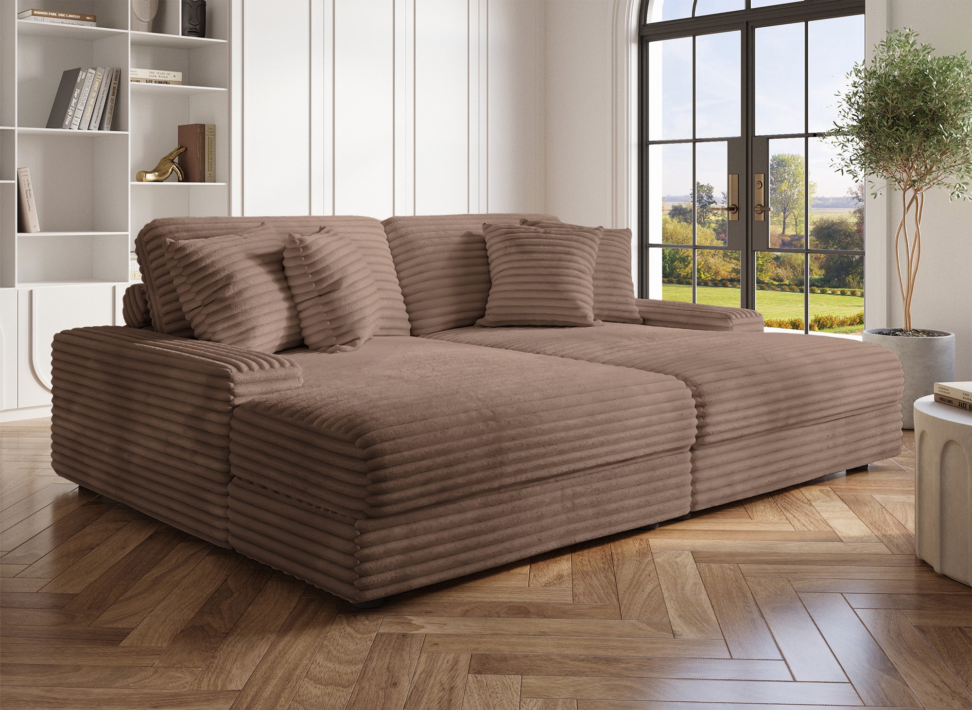 Sofá recto de 2 plazas DAHO en suave tejido acanalado color topo