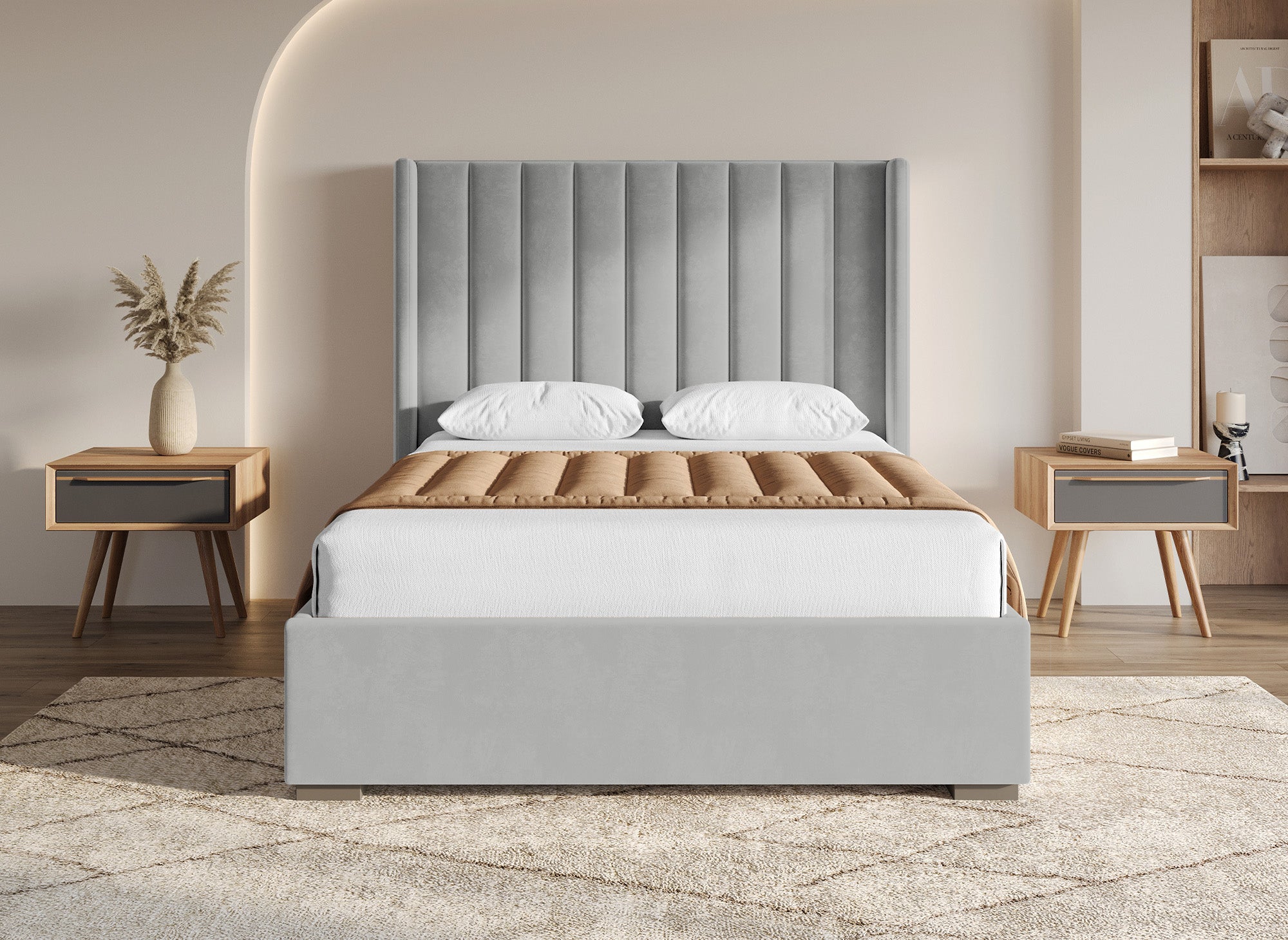 Cama con almacenaje ALENA de terciopelo gris 140x190 cm