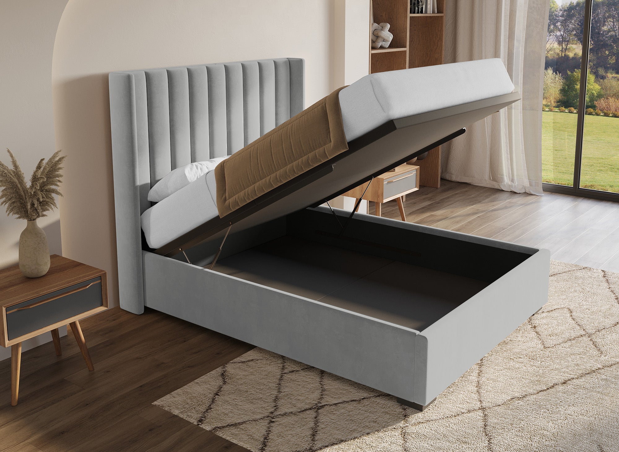 Cama con almacenaje ALENA de terciopelo gris 140x190 cm