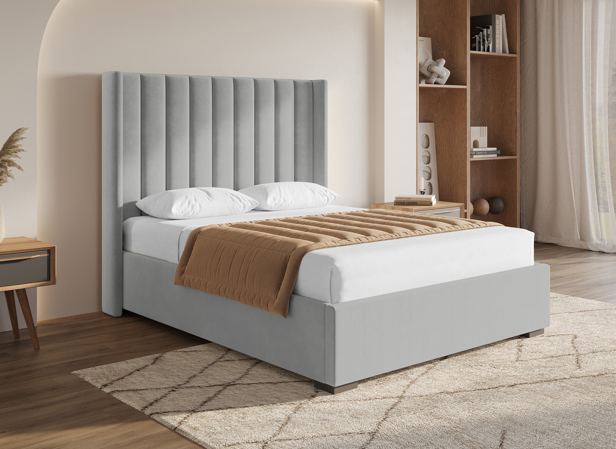 Cama con almacenaje ALENA de terciopelo gris 140x190 cm