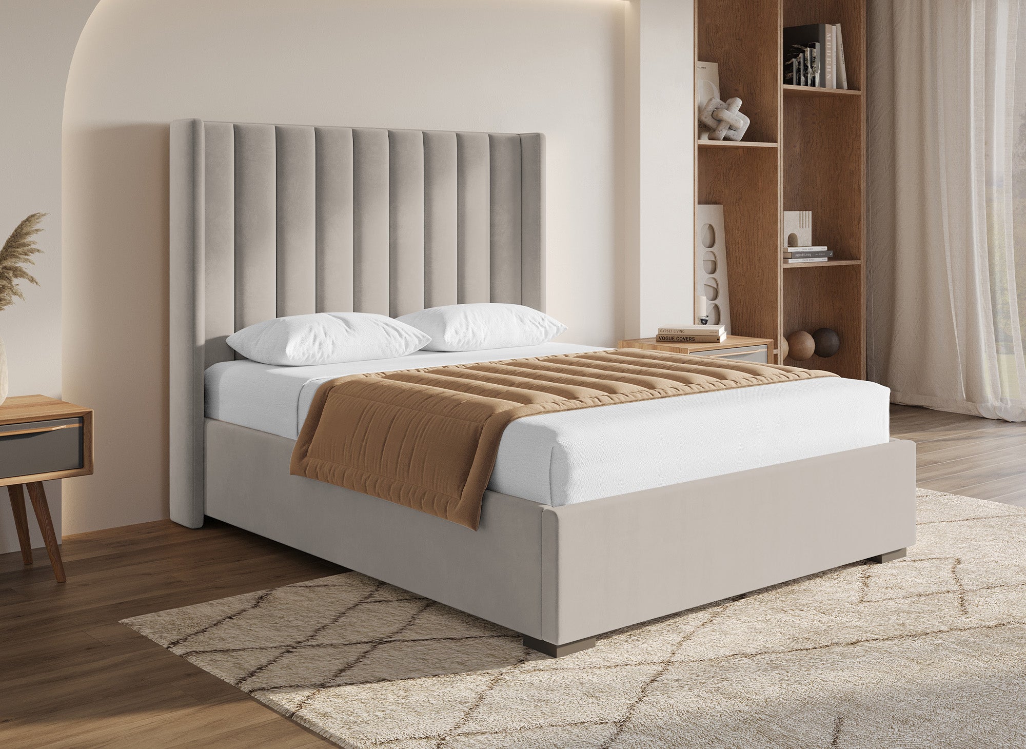 Cama con almacenaje ALENA de terciopelo color topo, 140x190 cm