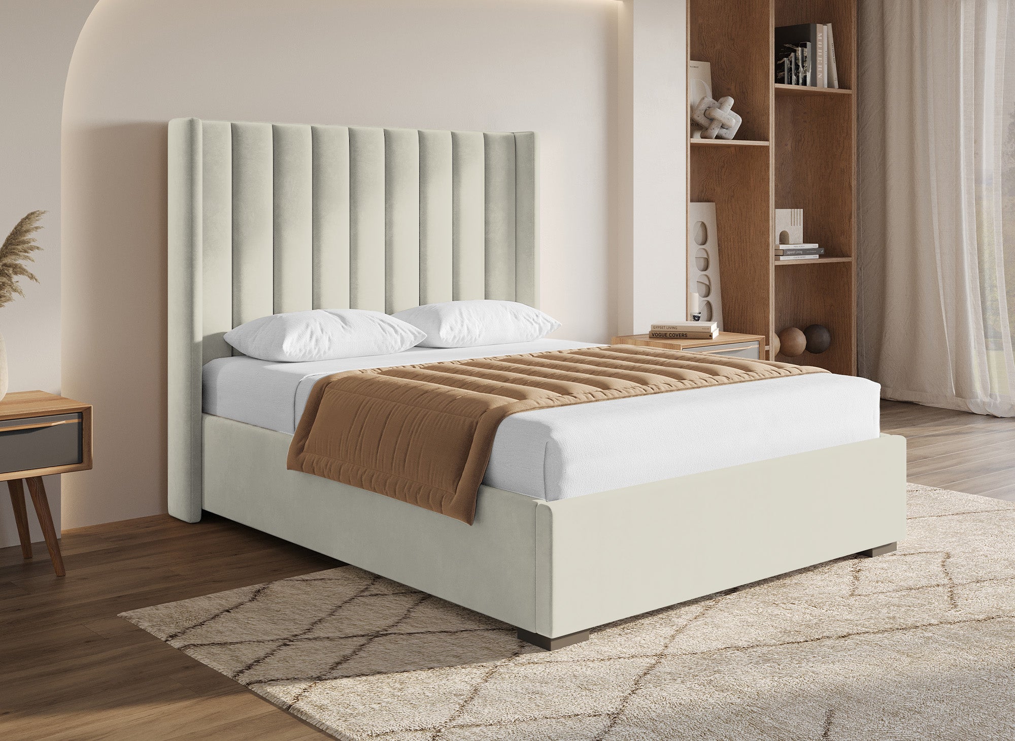 Cama con almacenaje ALENA de terciopelo beige 140x190 cm