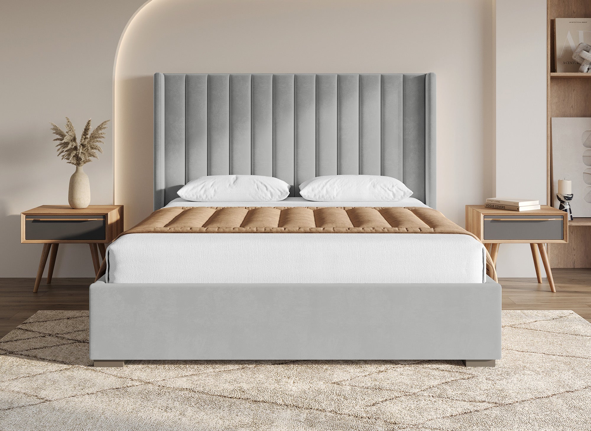 Cama ALENA de terciopelo gris con almacenaje 180x200