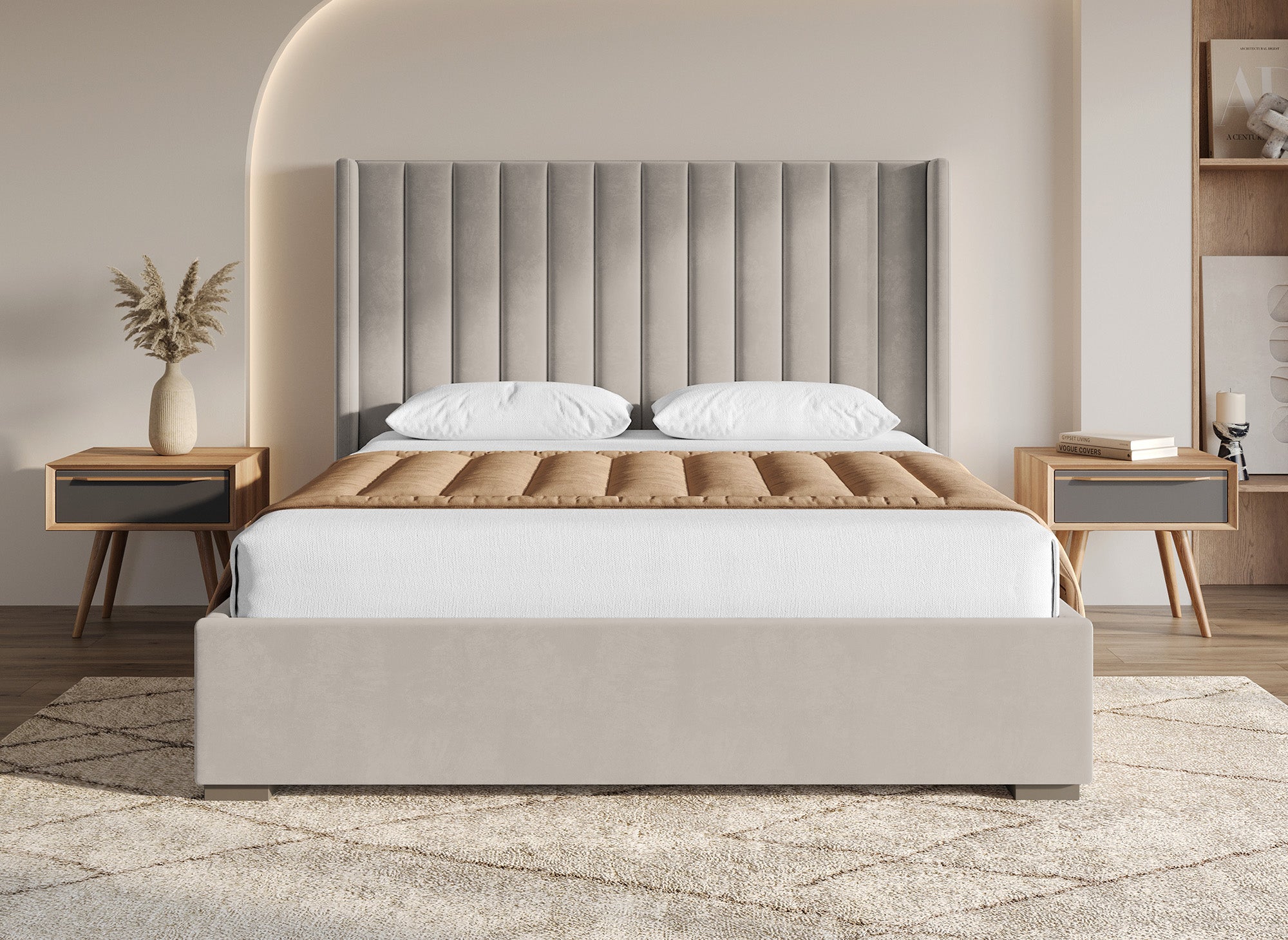 Cama con almacenaje ALENA de terciopelo color topo, 180x200 cm