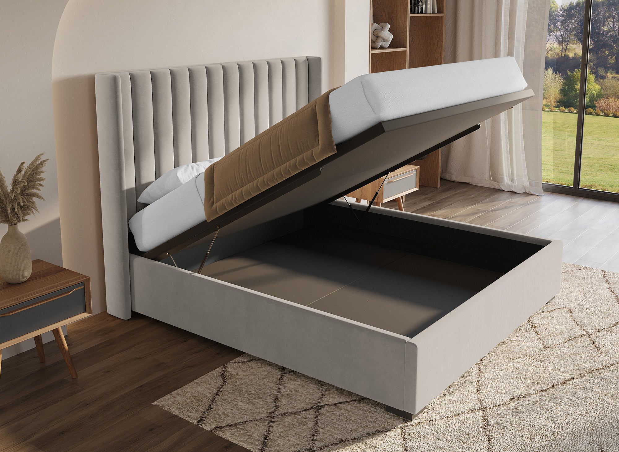 Cama con almacenaje ALENA de terciopelo color topo, 180x200 cm