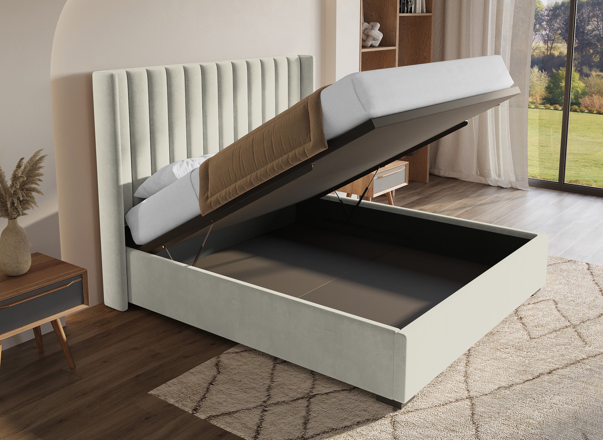 Cama con almacenaje ALENA de terciopelo beige 180x200 cm