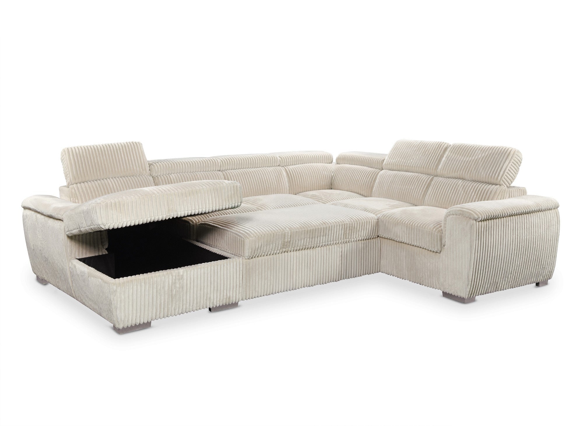 Sofá cama panorámico convertible GAELLE con almacenaje en pana gruesa color beige - Esquina izquierda