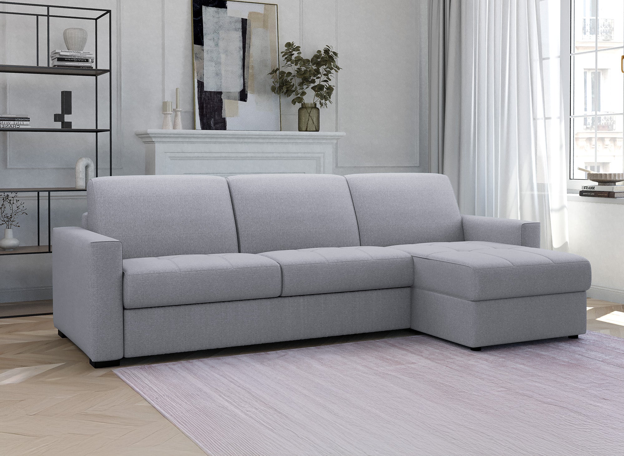 Sofá cama esquinero reversible LOUNA en tela gris con compartimento de almacenamiento