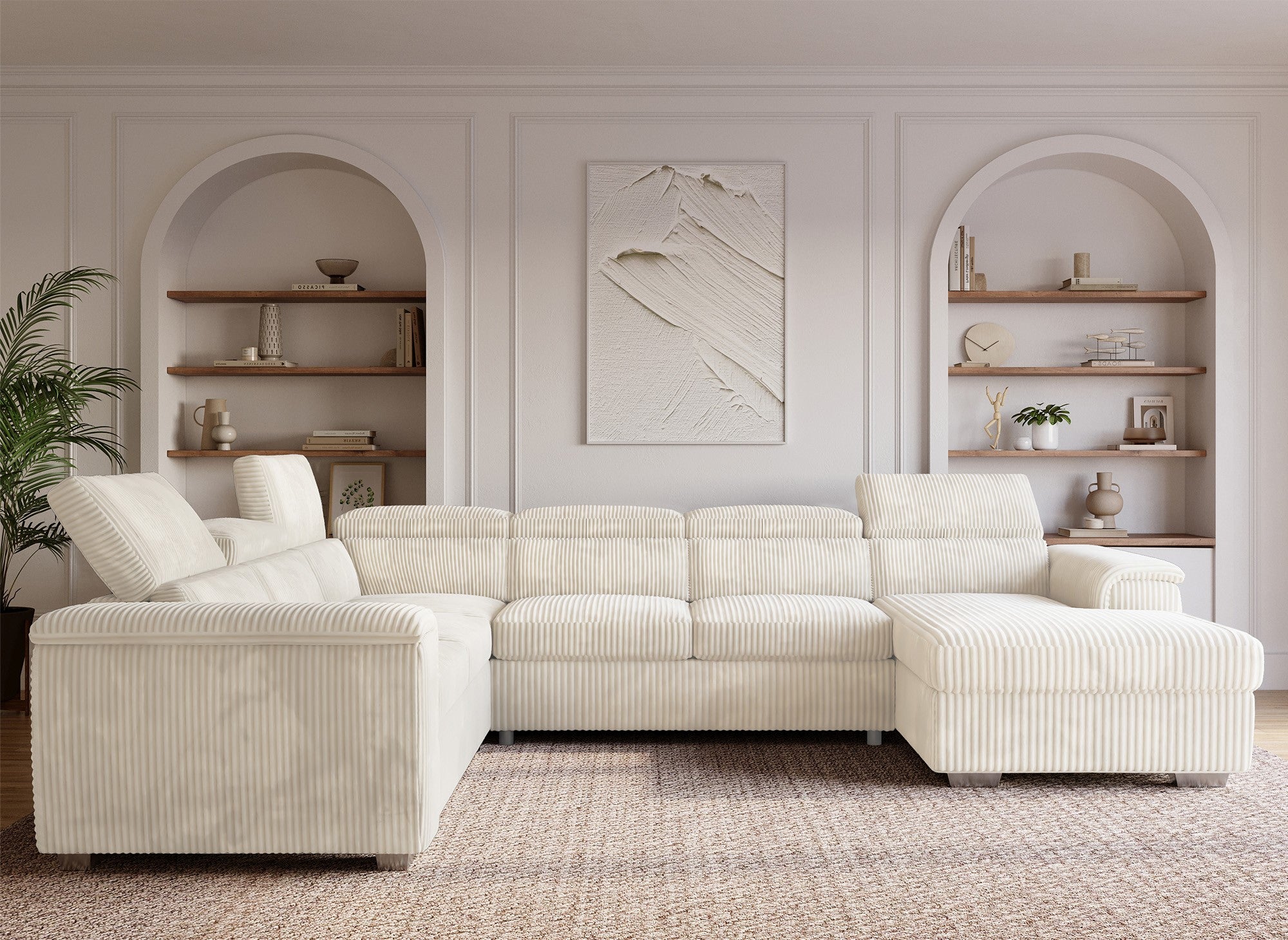 Sofá cama panorámico convertible GAELLE con almacenaje en pana gruesa color beige - Esquina derecha