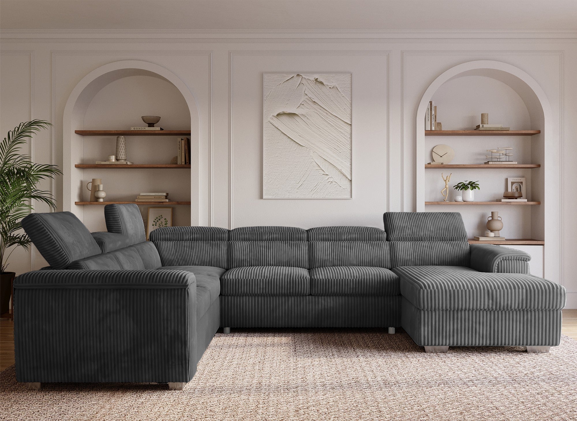 Sofá cama panorámico convertible GAELLE con almacenaje en pana gris gruesa - esquina derecha