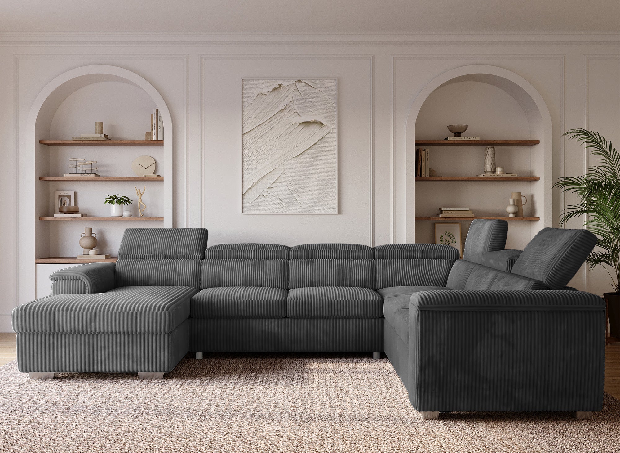 Sofá cama panorámico convertible GAELLE con almacenaje en pana gris gruesa - Esquina izquierda