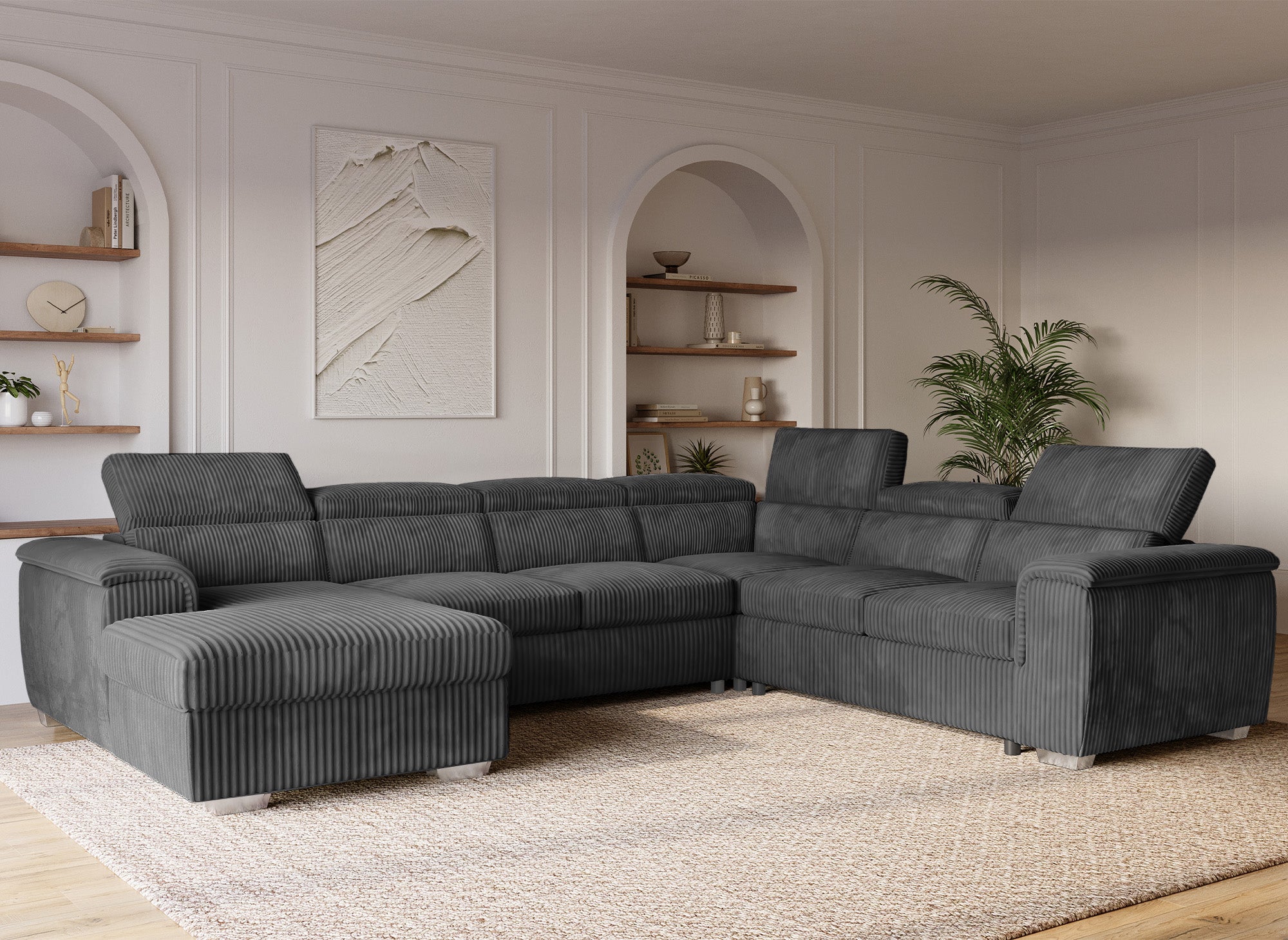 Sofá cama panorámico convertible GAELLE con almacenaje en pana gris gruesa - Esquina izquierda