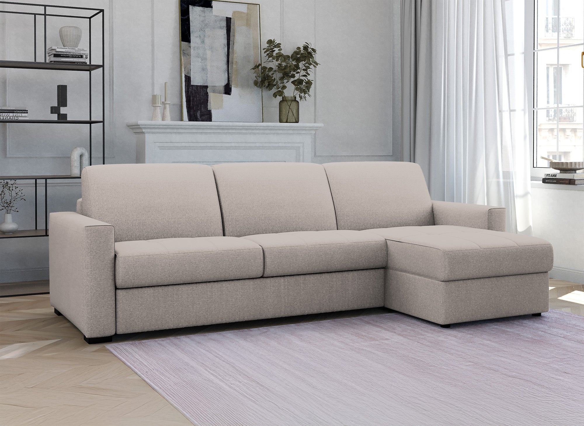 Sofá cama esquinero reversible LOUNA en tela beige con compartimento de almacenamiento