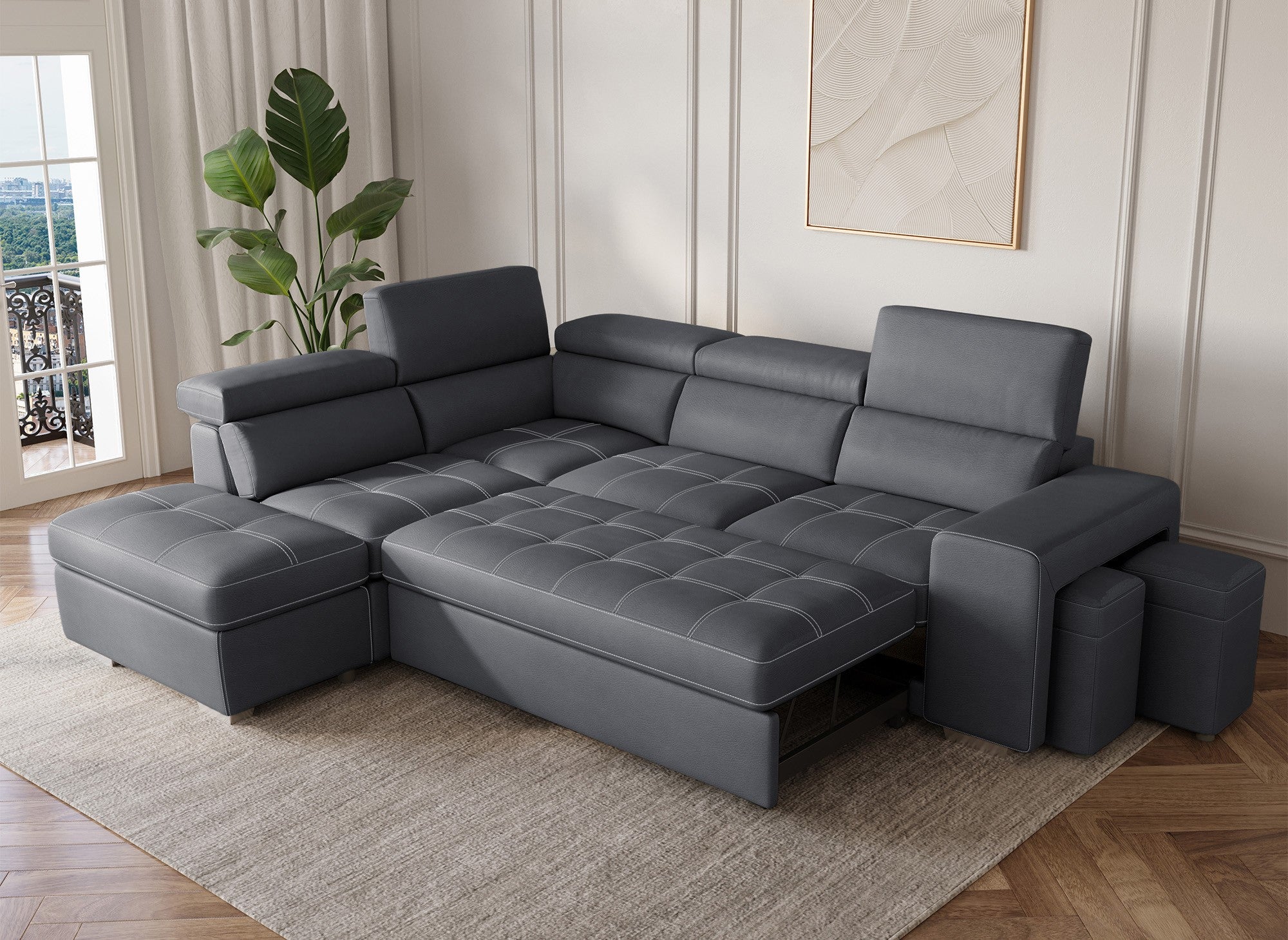 Sofá cama esquinero DAVON de tela gris - esquina izquierda