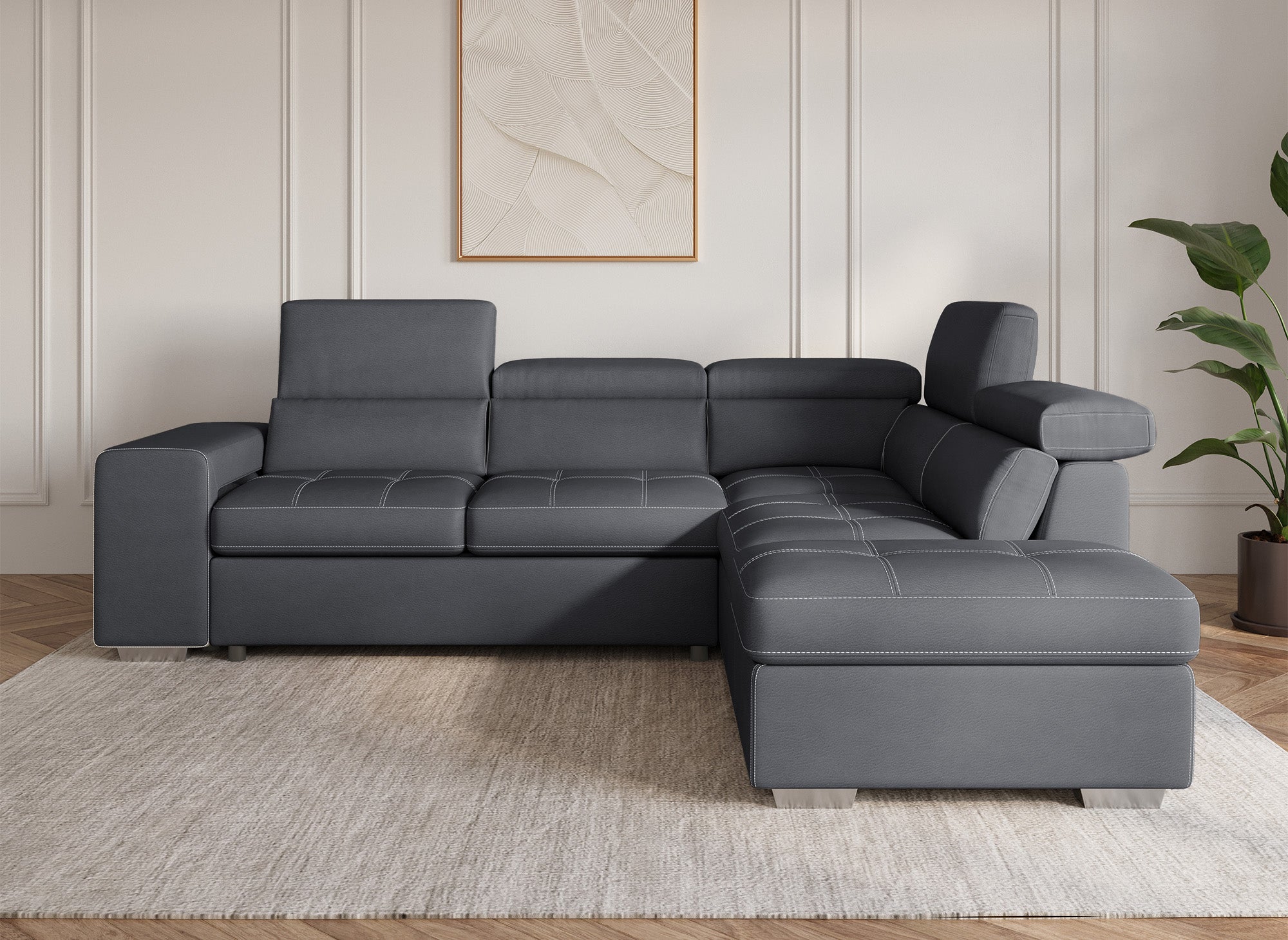 Sofá esquinero convertible DAVON en tela gris - esquina derecha