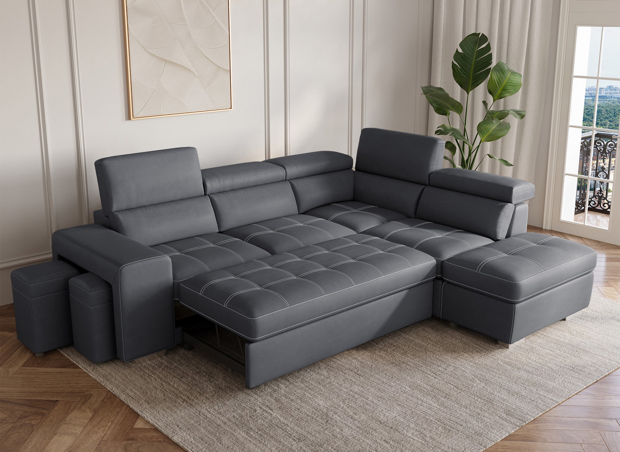 Sofá esquinero convertible DAVON en tela gris - esquina derecha