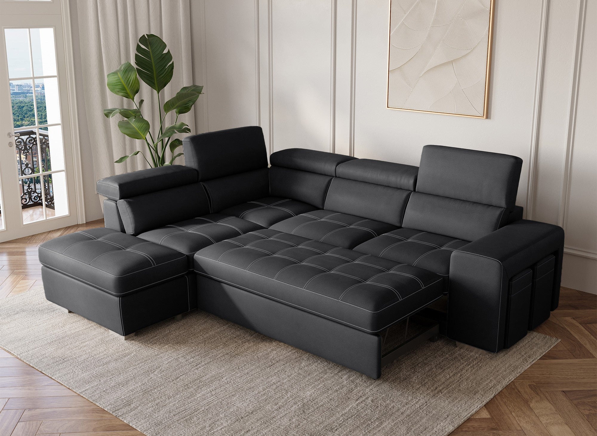 Sofá esquinero convertible DAVON en tela negra - esquina izquierda