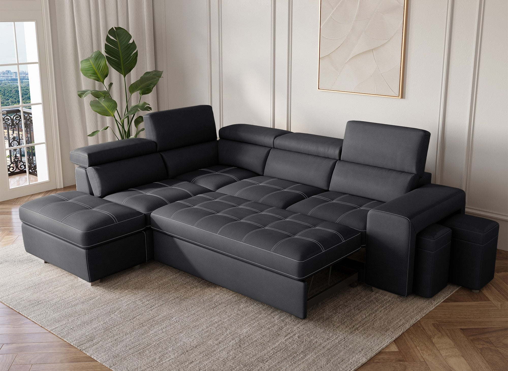 Sofá esquinero convertible DAVON en tela negra - esquina izquierda