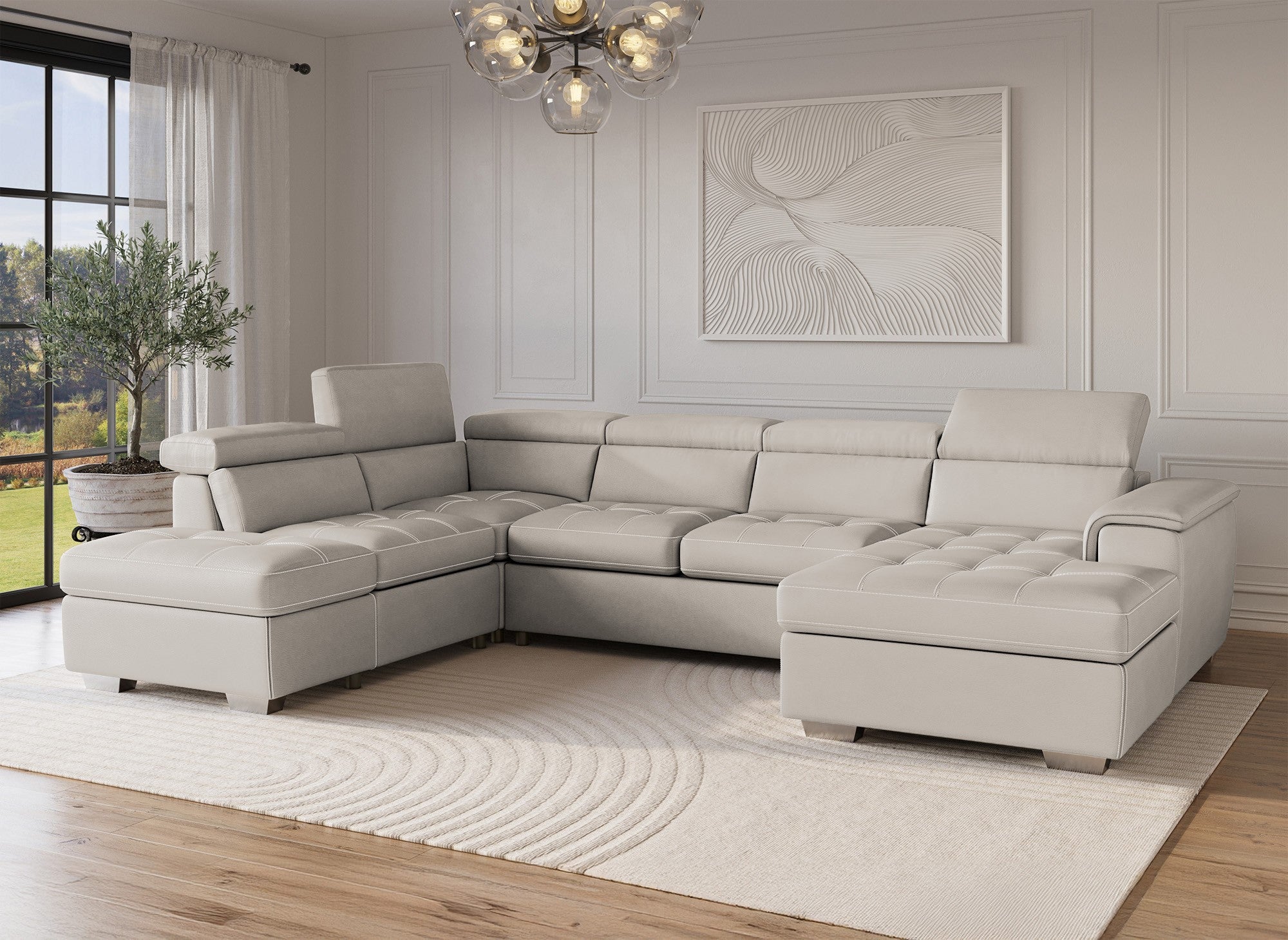 Sofá cama y panorámico OLIVER con compartimento de almacenamiento en tela beige - Esquina derecha