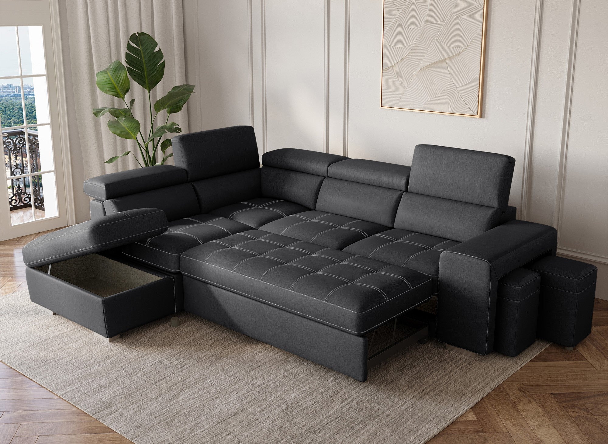 Sofá esquinero convertible DAVON en tela negra - esquina izquierda