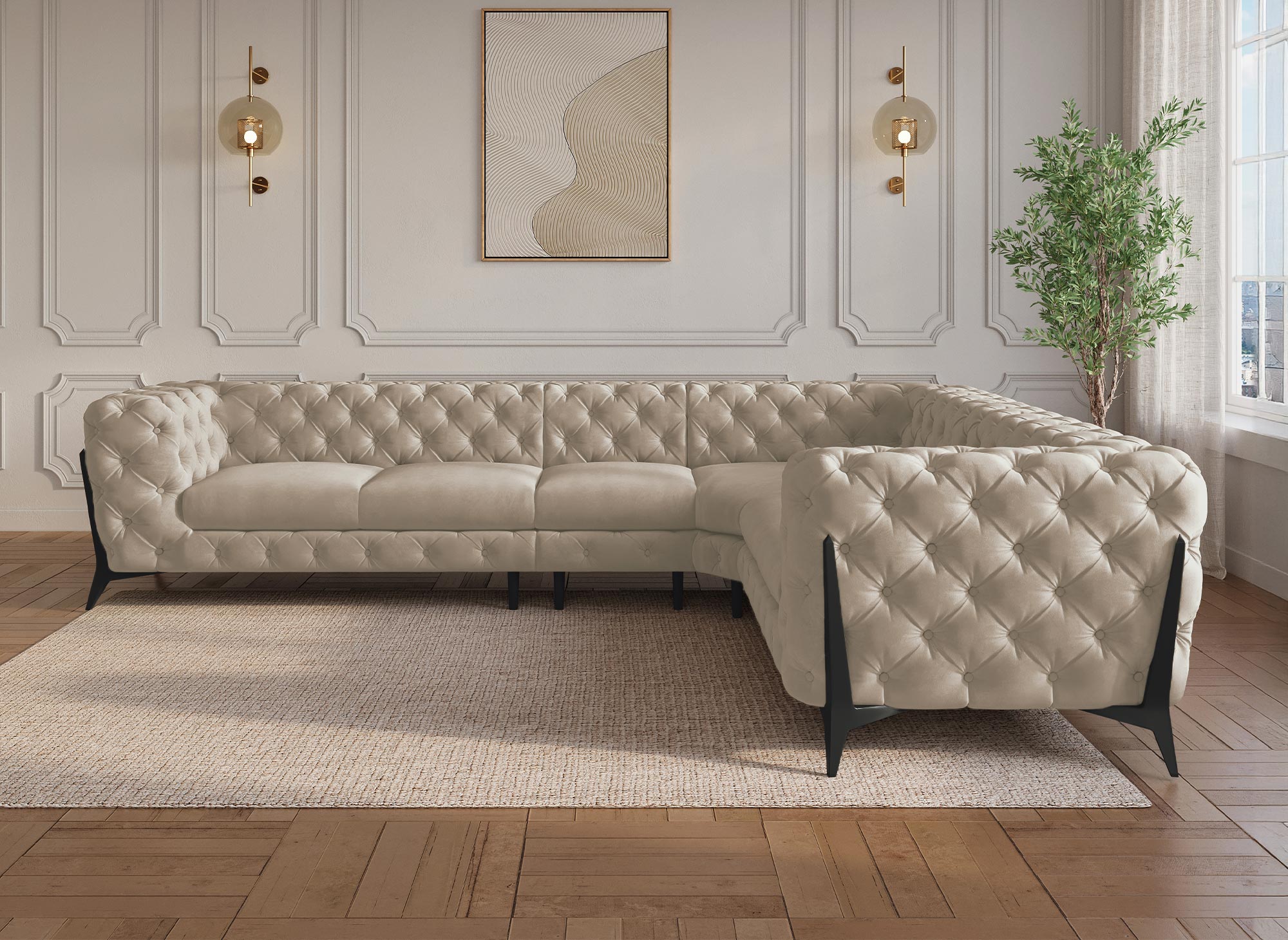 Sofá esquinero reversible CARMEN Chesterfield capitoné en terciopelo beige